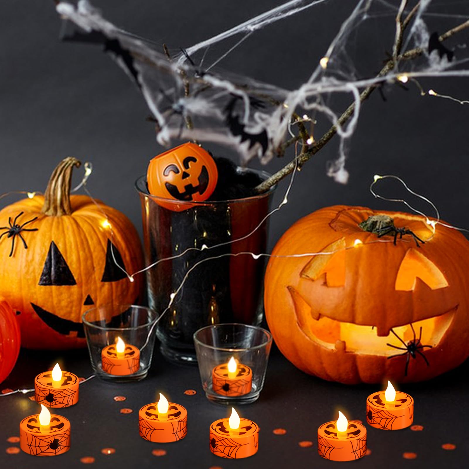 Kunswenn Halloween Pumpkin Tealights Candles, 12 Pack Led Flameless Candles With Timer, Tea Lights Candles Battery Operated With