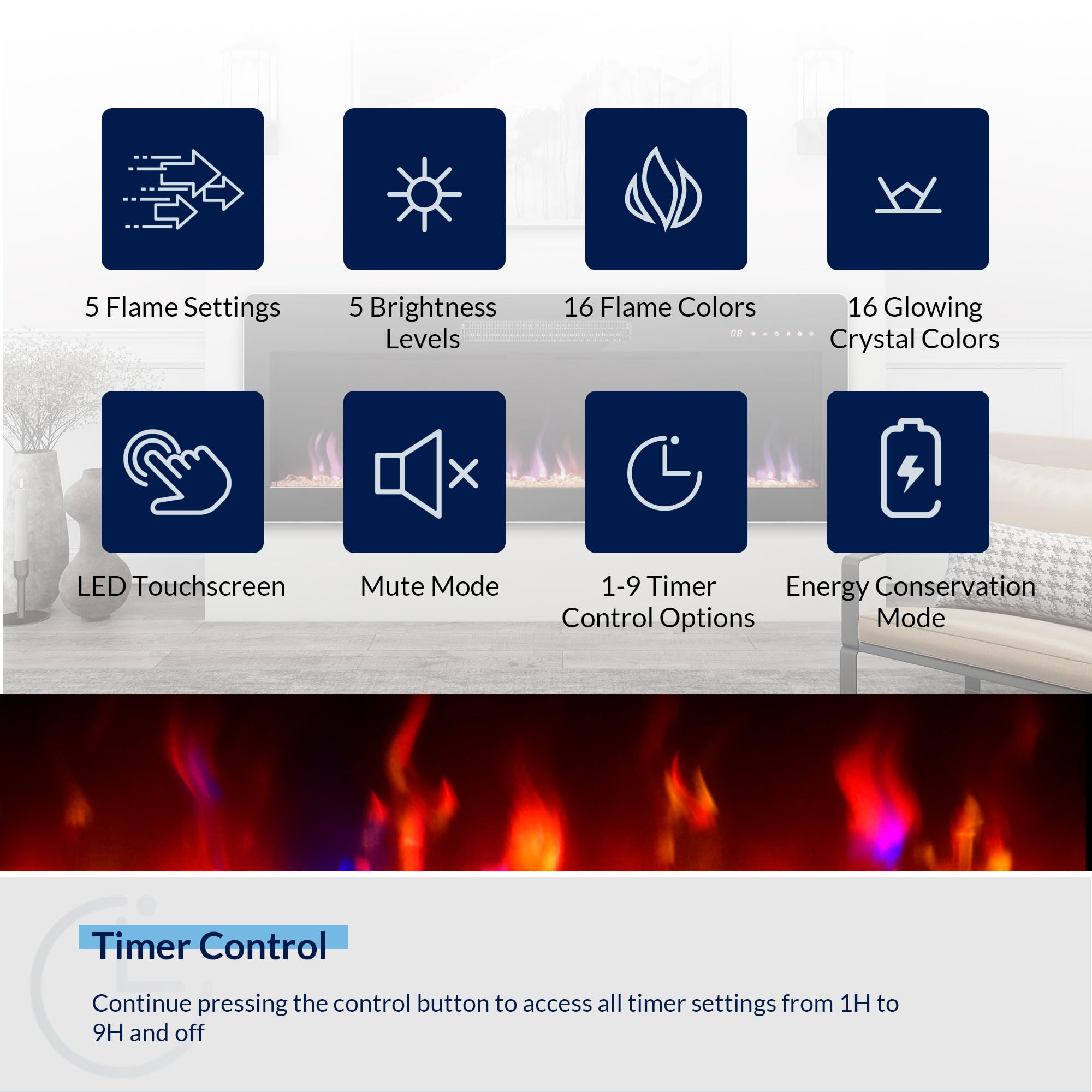 Belleze 42'' Electric Fireplace Heater, 1400 W Recessed & Wall Mounted Electric Fireplace With Remote Control, Heater With Adjus