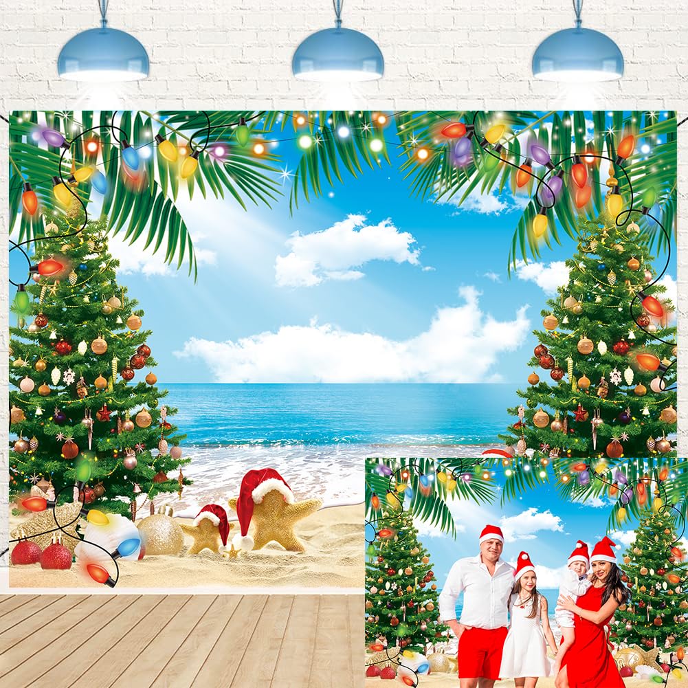 July Christmas Backdrop 10X8Ft Summer Beach Christmas Tree Decoration Photography Background Tropical Hawaiian Party Supplies Ph