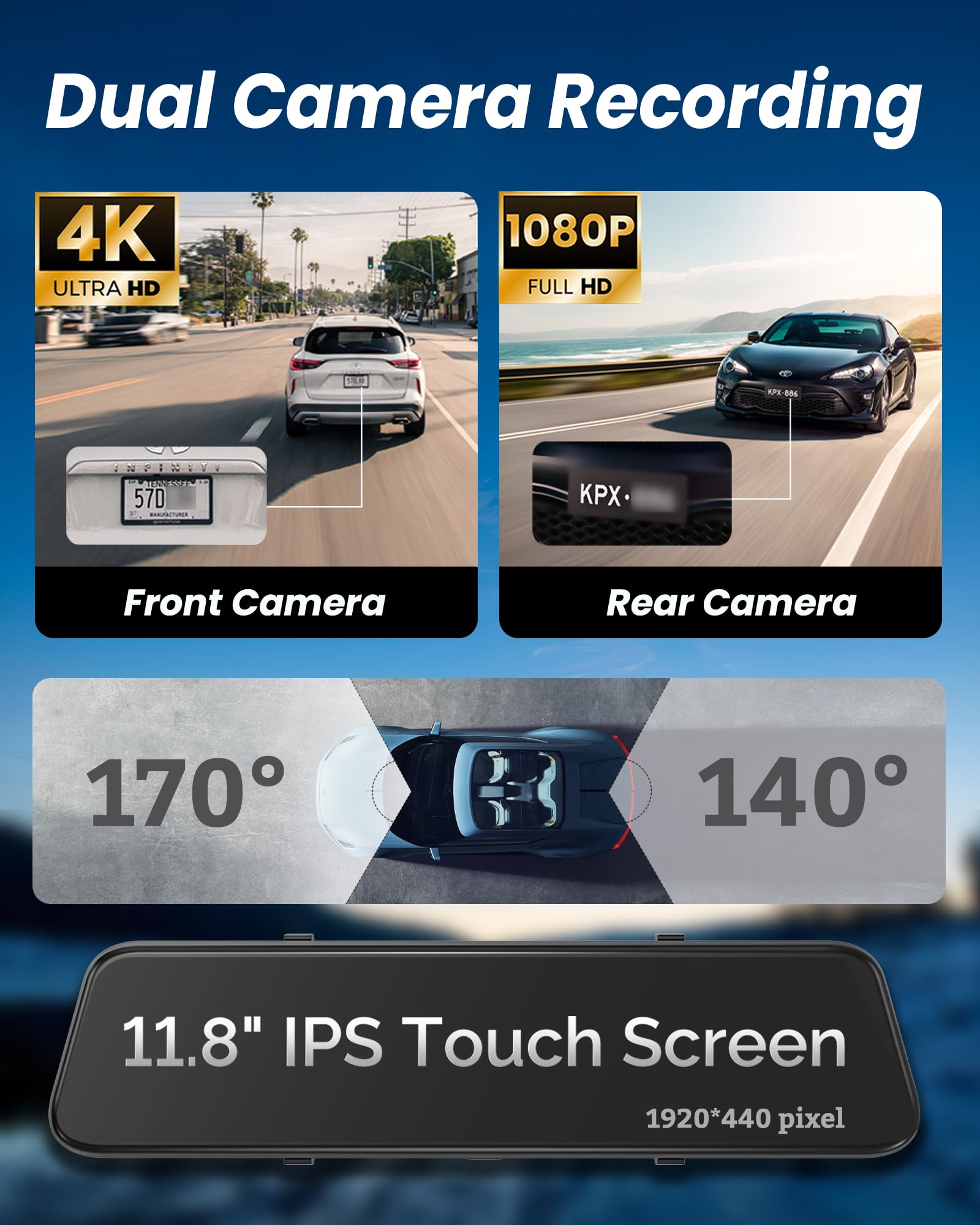 4K Rear View Mirror Camera With Carplay&Android Auto,12'' Mirror Dash Cam Front And Rear With Voice Control For Cars&Trucks,Smar