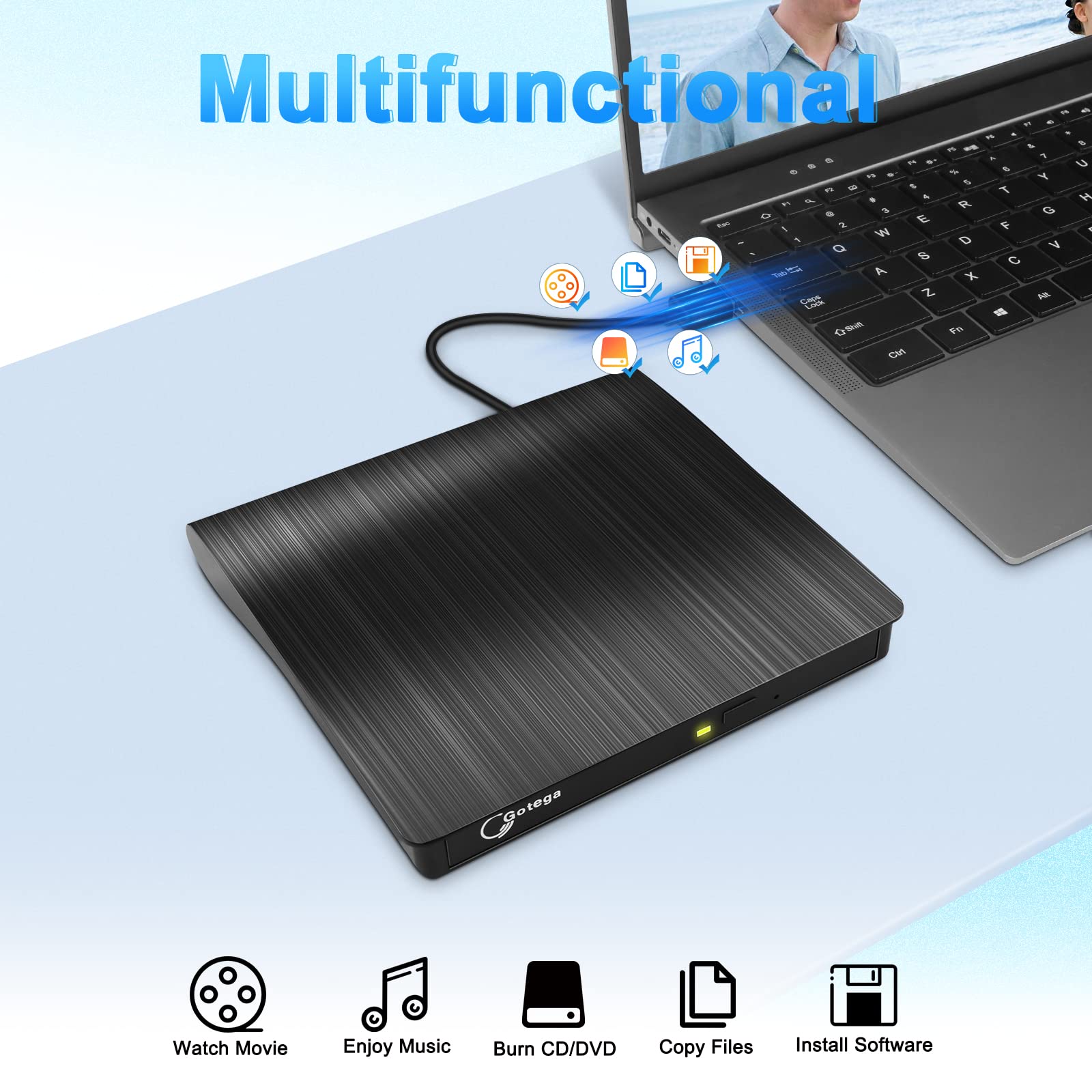 Gotega External Dvd Drive, Usb 3.0 Portable +/ Rw , Dvd Player For Cd Rom Burner Compatible With Laptop Desktop Pc Windows Linux