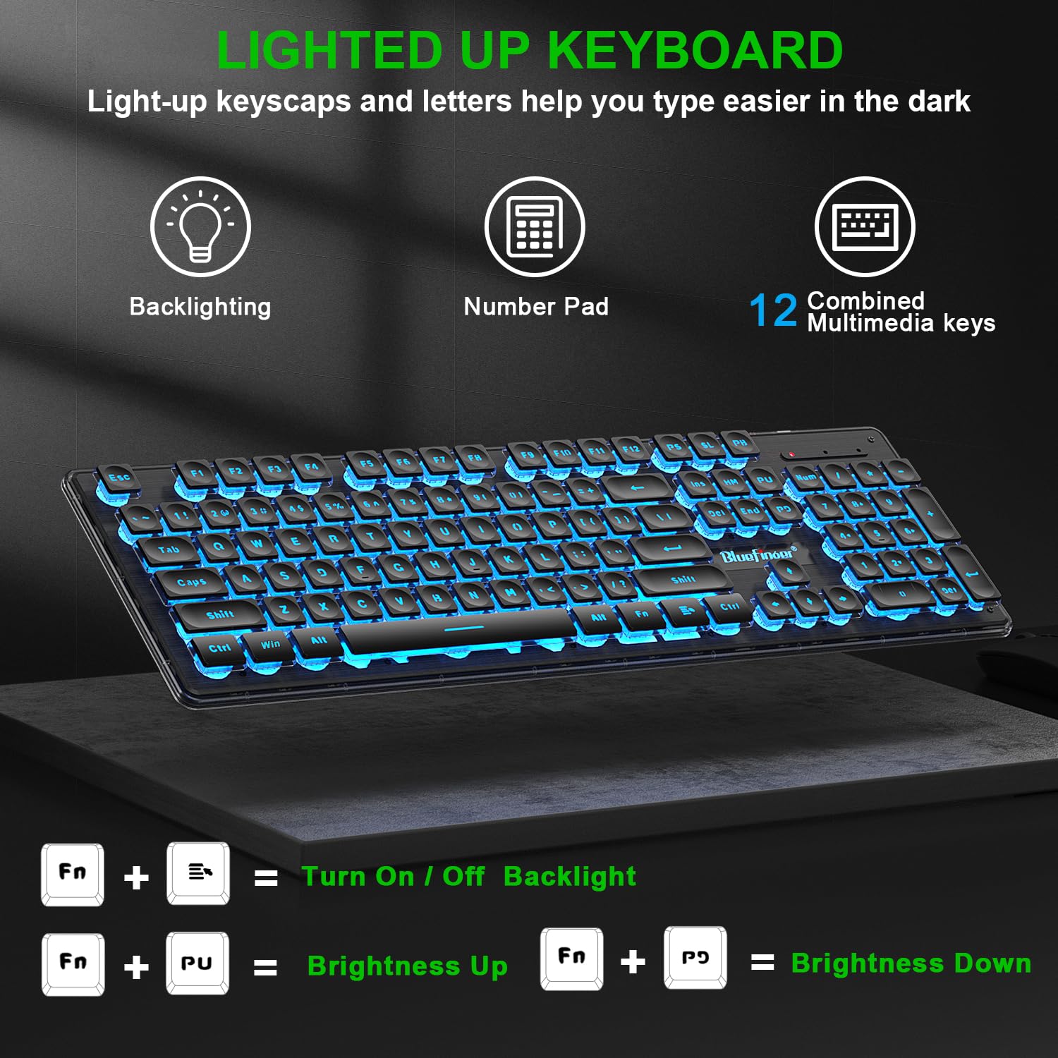Bluefinger Wireless Keyboard And Mouse With Power Display, Blacklit Rechargeable Full Sized Silent Light Up Gaming Keyboard Mous