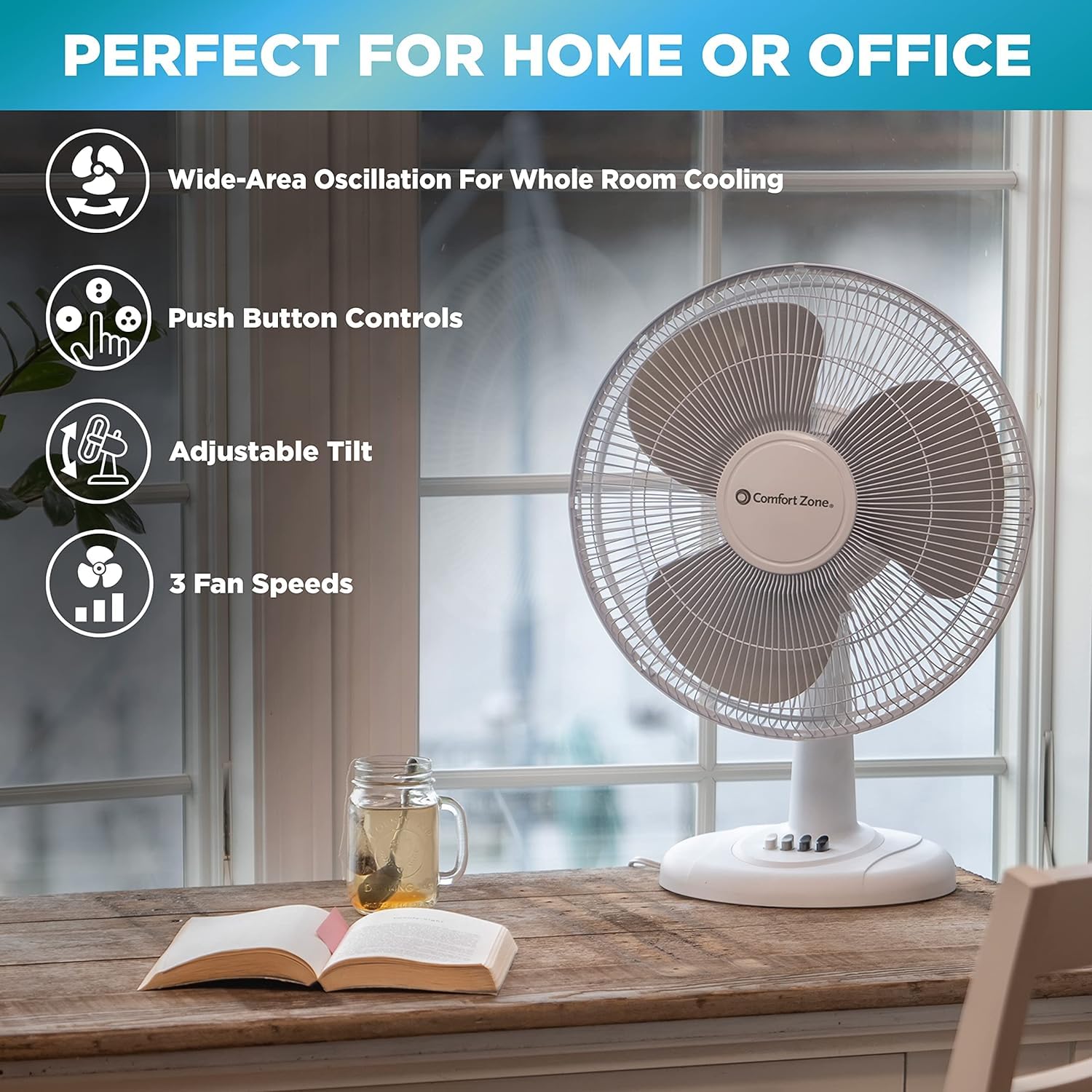 Comfort Zone Oscillating Table Fan With Adjustable Tilt, Convenient Push Button Controls, Quiet, 16 Inch, 3 Speed, Desk Fan, Air