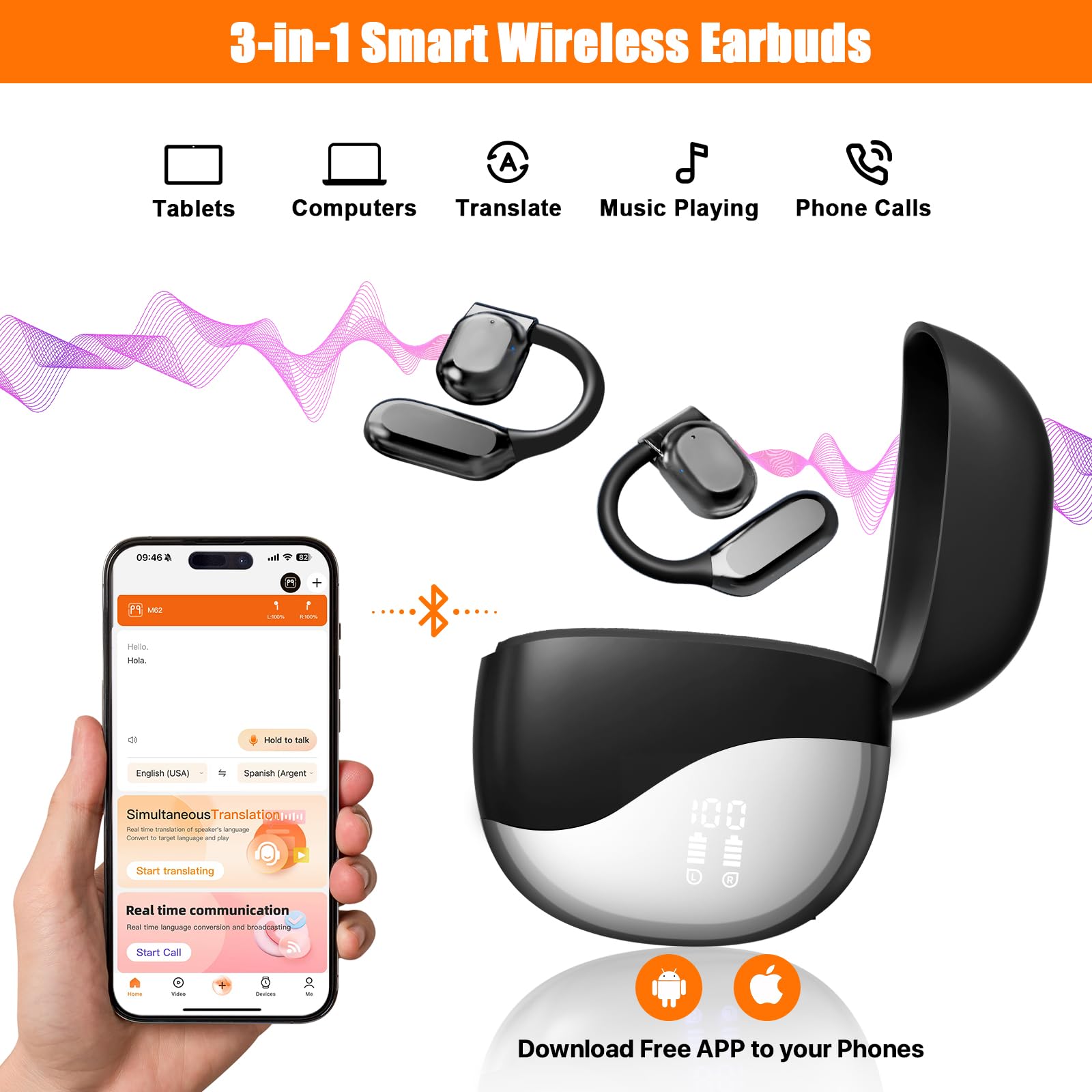 Ai Translation Earbuds Real Time For Iphone And Android, 144 Language Translator Earbuds 3-In-1 Translating Headphones Audifonos