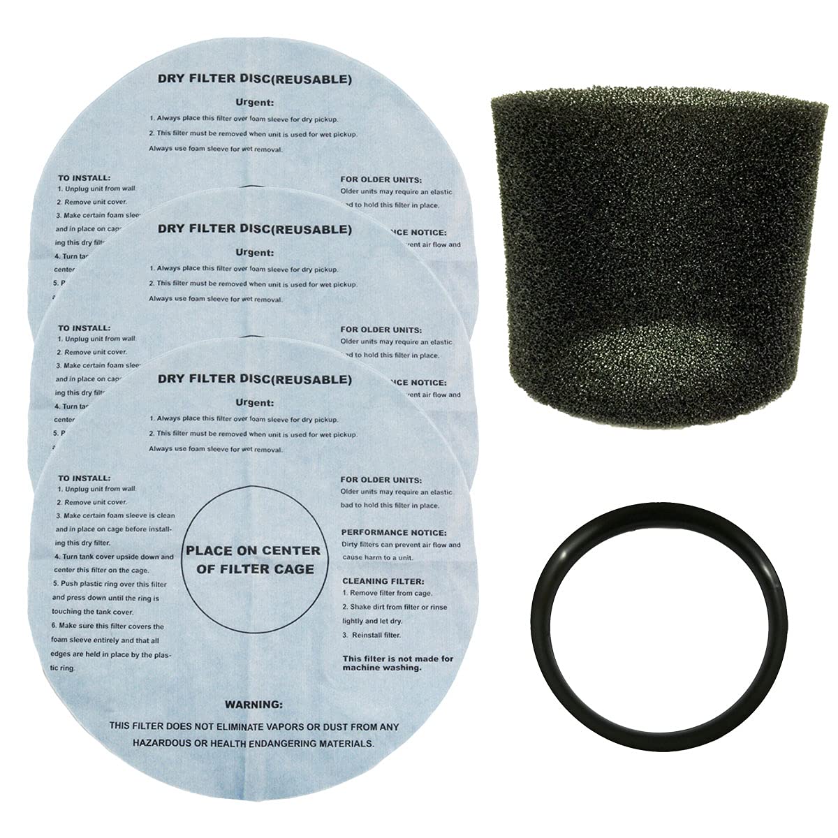 All Parts Etc. Foam Filter Sleeve For Shop Vac Including 3 Dry Filters, 1 Foam Sleeve, And 1 Mounting Ring/Band   Compatible Wit