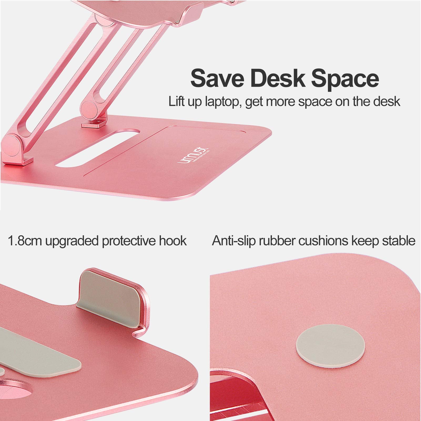 Urmust Adjustable Laptop Stand For Desk Aluminum Computer Stand For Laptop Riser Holder Notebook Stand Compatible With Macbook Air Pro Ultrabook All Laptops 11 17 Inch (Rose Gold)