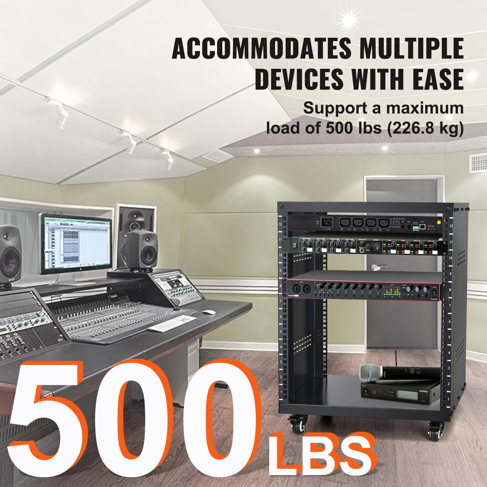 Vevor 12U Av Rack Stand With Caster Wheels, Component Rack Cabinet Recording Studio Racks, Removable Side Panels, Universal Netw