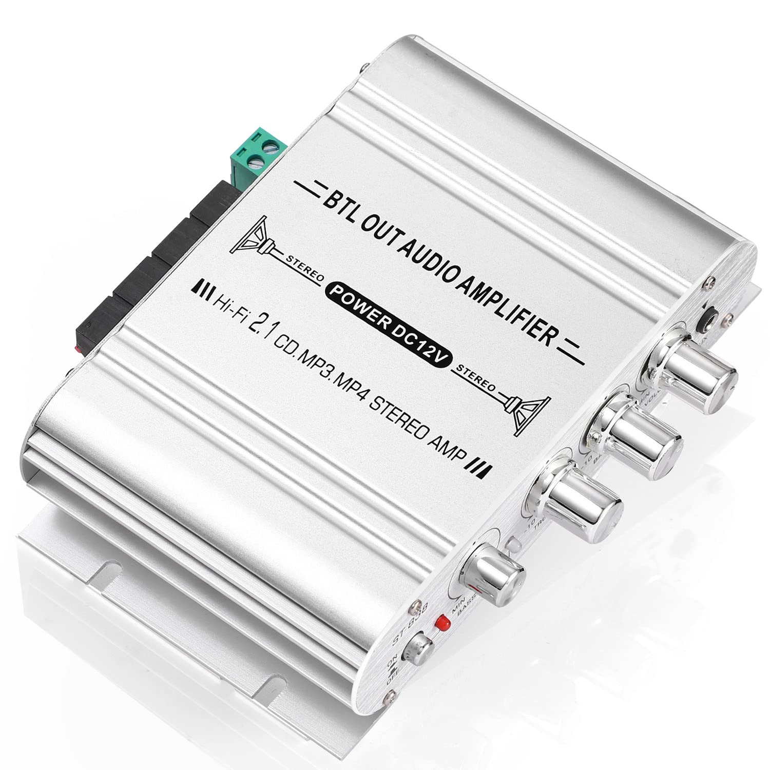 Facmogu St 838 2.1Ch Audio Power Amplifier, Rms 20Wx2+40W Class D Stereo Digital Audio Amp With Subwoofer Output, 80W Mini Subwoofer Amplifier Audio Stereo Bass Amp With Dc12V Power Adapter   Silver