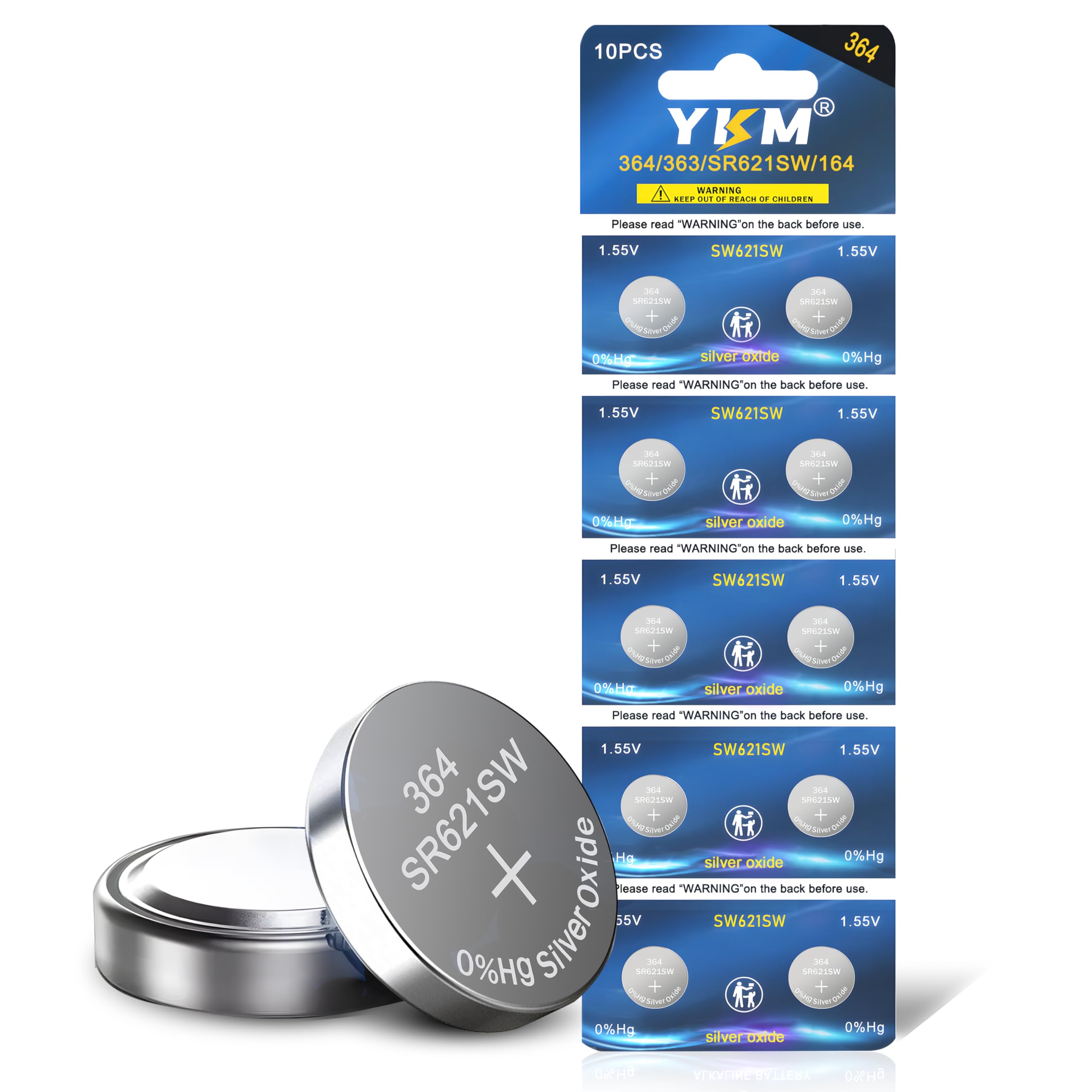 YKM 364 SR621SW Watch Battery AG1 364/363 LR621 V364 1.55V Silver Oxide Battery 10 Pack
