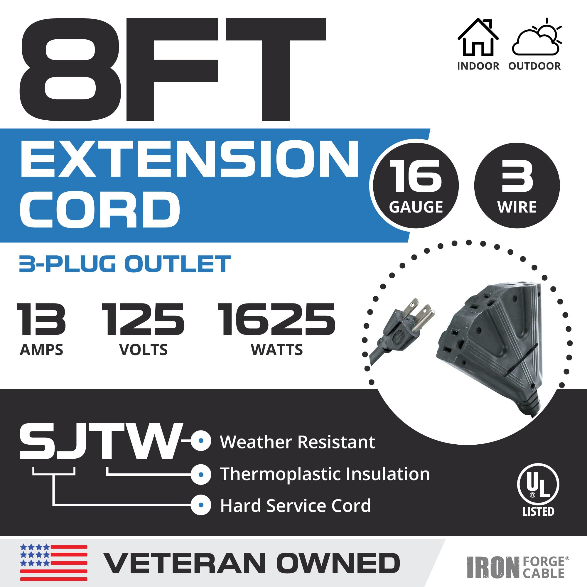 Iron Forge Cable 3 Outlet Outdoor Extension Cord 8 Ft, 16/3 Sjtw Black Extension Cord With Multiple Outlets 3 Prong, 13 Amp Weat