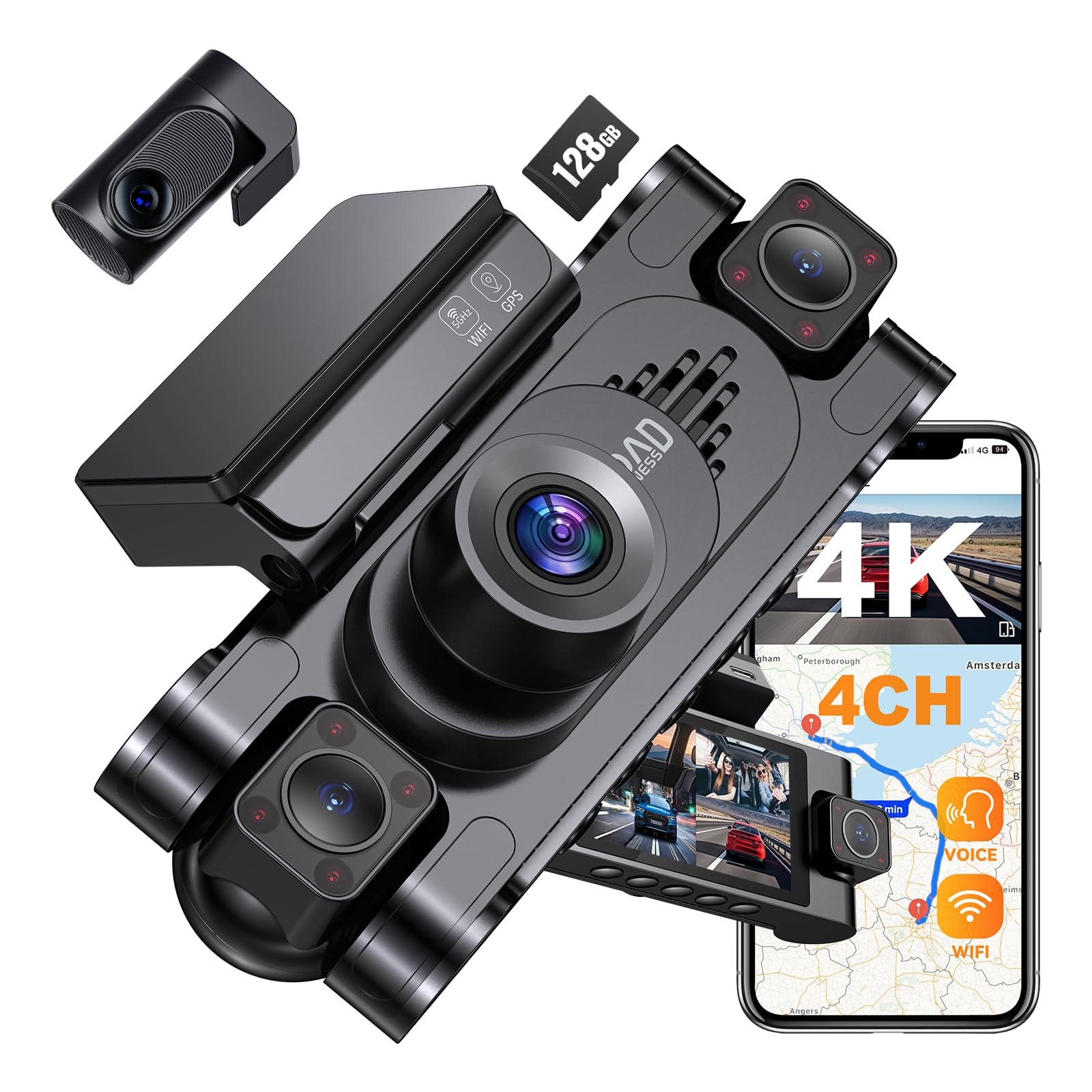 4K 360 DashCam for Cars,4 Channel Car Dash Cam Front and Rear Inside with 128GB Card Included,Voice Control,5G WiFi GPS,IR Night