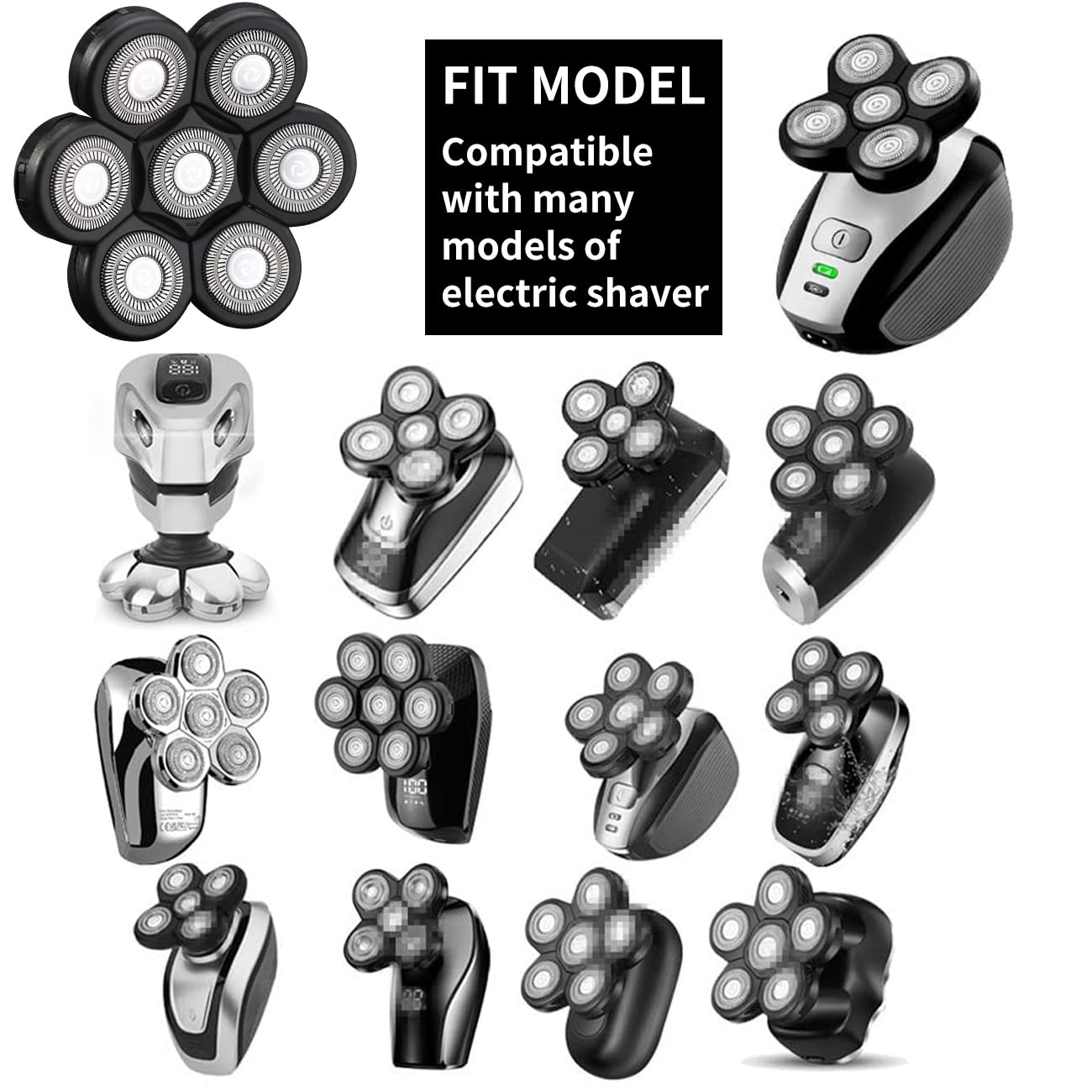 7 Blades Head Shaver Replacement Heads Electric Shaver Head Shaver Universal Replacement Blades Electric Razor For Men (7D Black