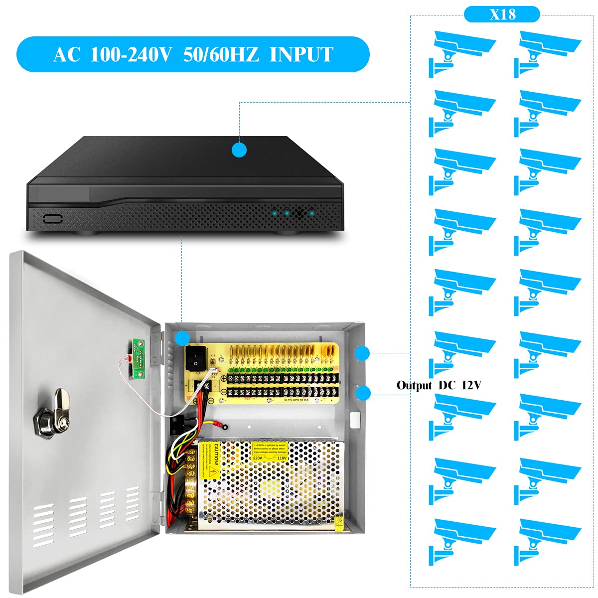 9 Channel 12 Volt Dc Output 5A Cctv Distributed Power Supply Box For Security Camera With Ac Plug And Lock For Security Cameras,