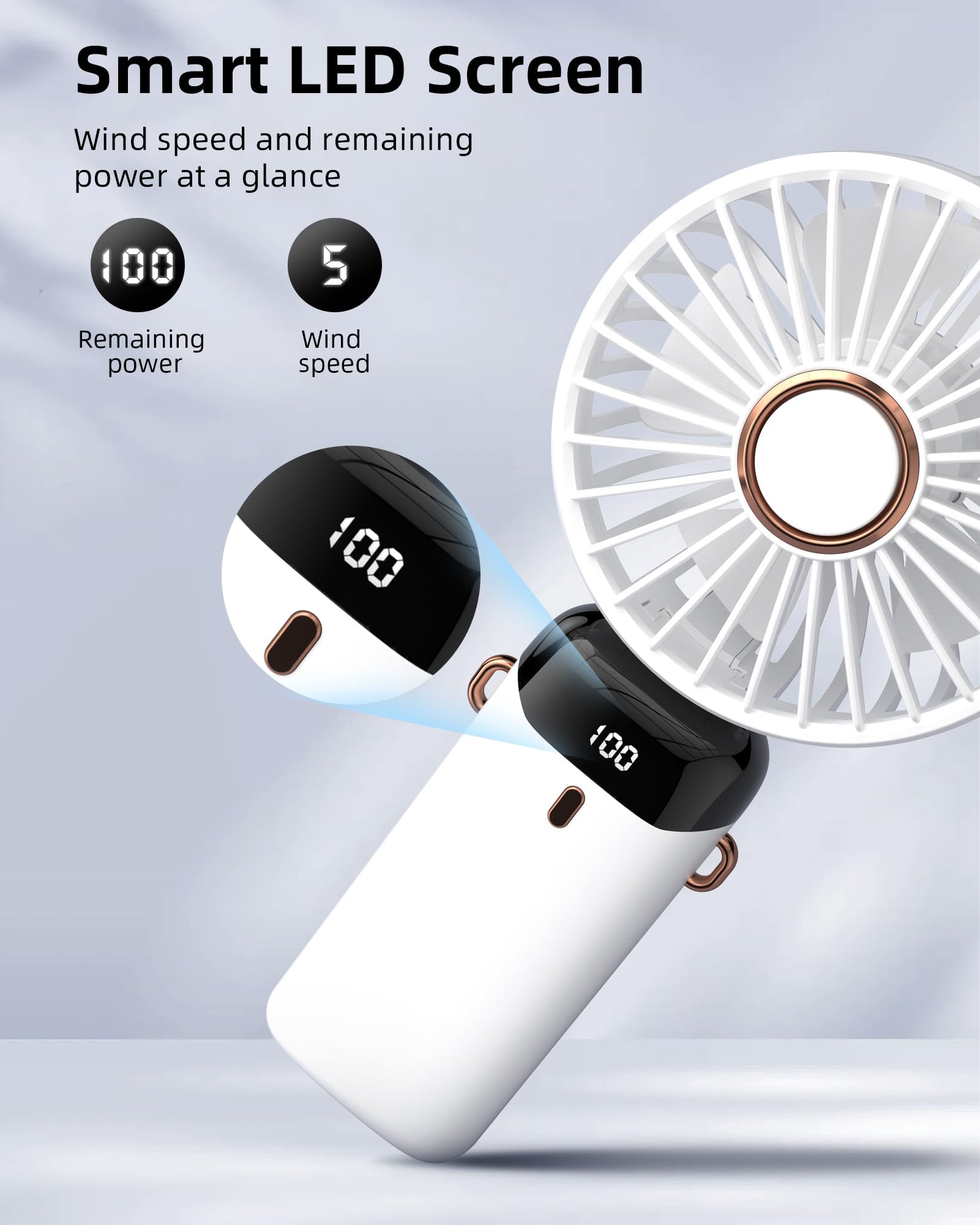 Koonie Portable Handheld Fan, Battery Operated Fan With Base, 8 Hours, Digital Display, 5 Speeds, 90 Ajustable, Rechargeable Min