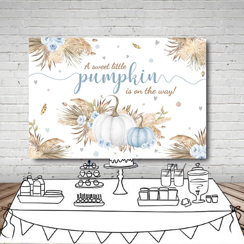 Mehofond 7X5Ft Autumn Boho Little Pumpkin Backdrop For Boy Baby Shower Fall Leaves Pampas Grass Thanksgiving Blue White Floral B