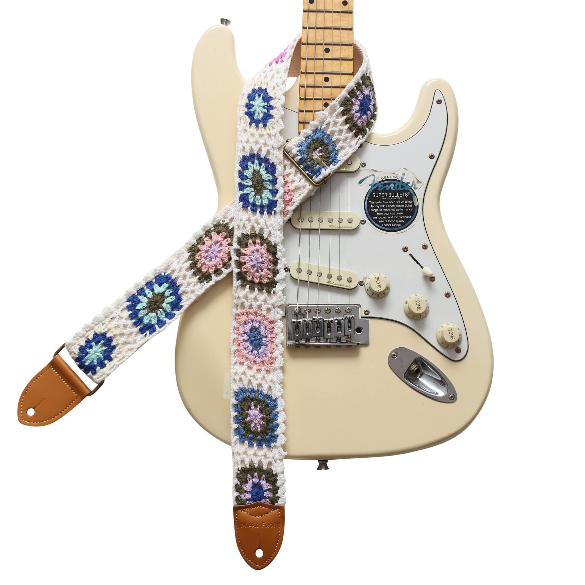 MUSIC FIRST Original Design, 2 inch width (5cm), Vintage Style Hand Made Crochet Colorful Flowers Electric Guitar Strap Bass Str
