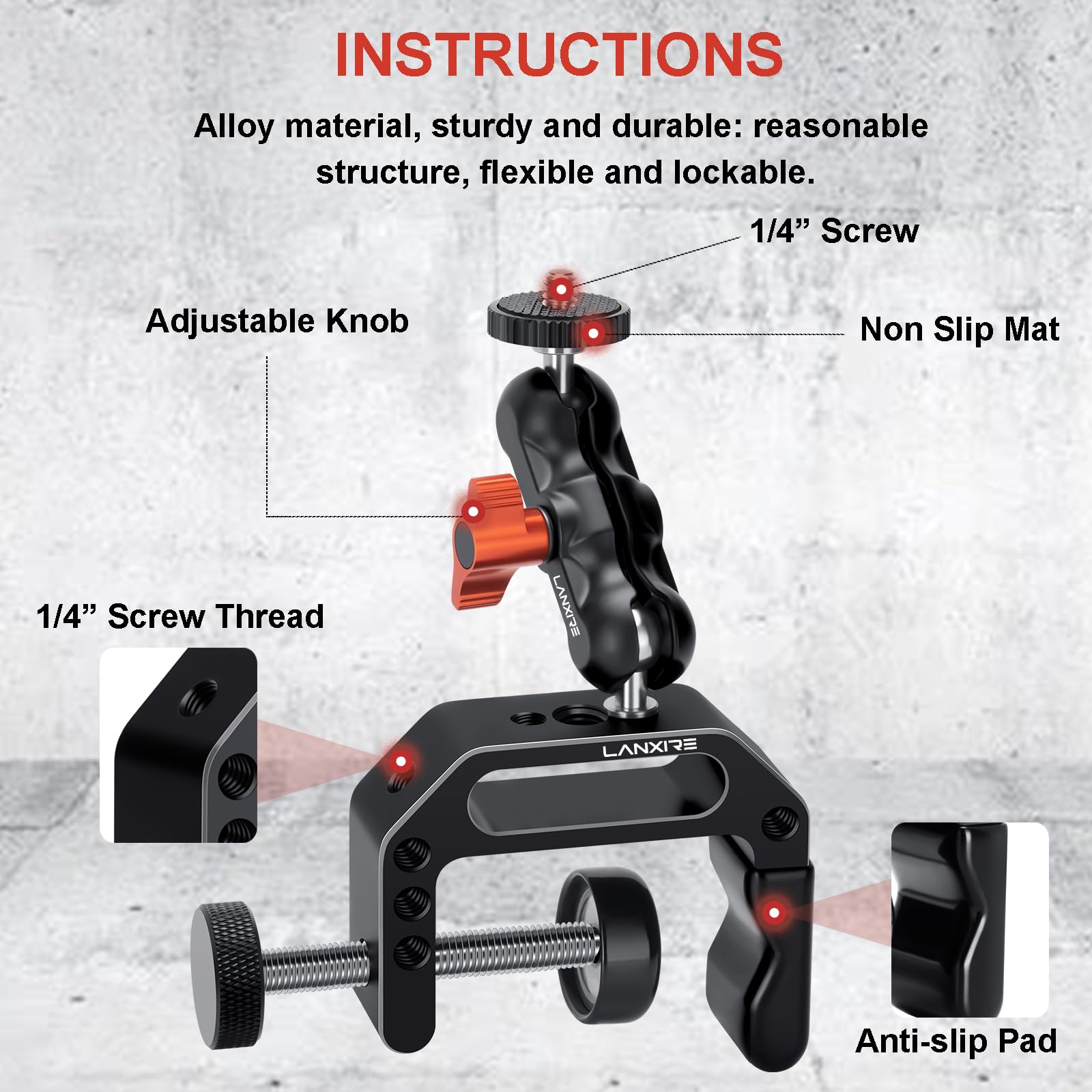 Lanxire Camera Clamp Mount C Clamp With 1/4'' Screw Magic Arm   Double Ball Head Adapter   Perfect For Dslr Cameras, Led Video L