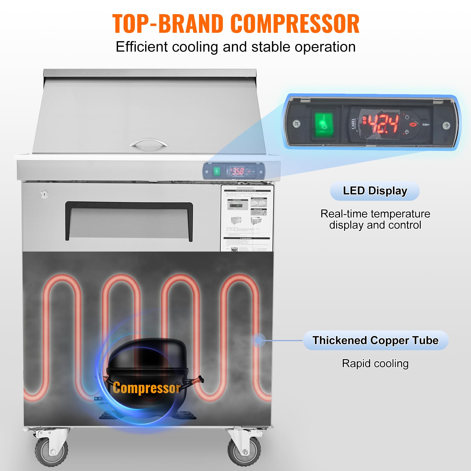 Vevor 28'' Commercial Refrigerator, 12 Pans Sandwich & Salad Prep Table, 7.4 Cu. Ft Stainless Steel Refrigerated Food Prep Stati