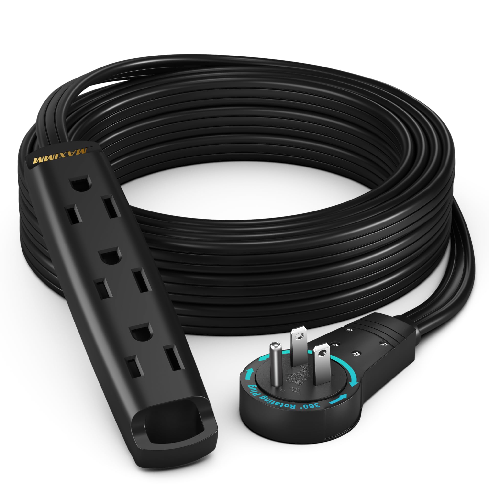 Maximm 10 Ft Black 360 Rotating Flat Plug Extension Cord With 3 Outlets On One Side, Versatile Long Reach For Home & Office Use