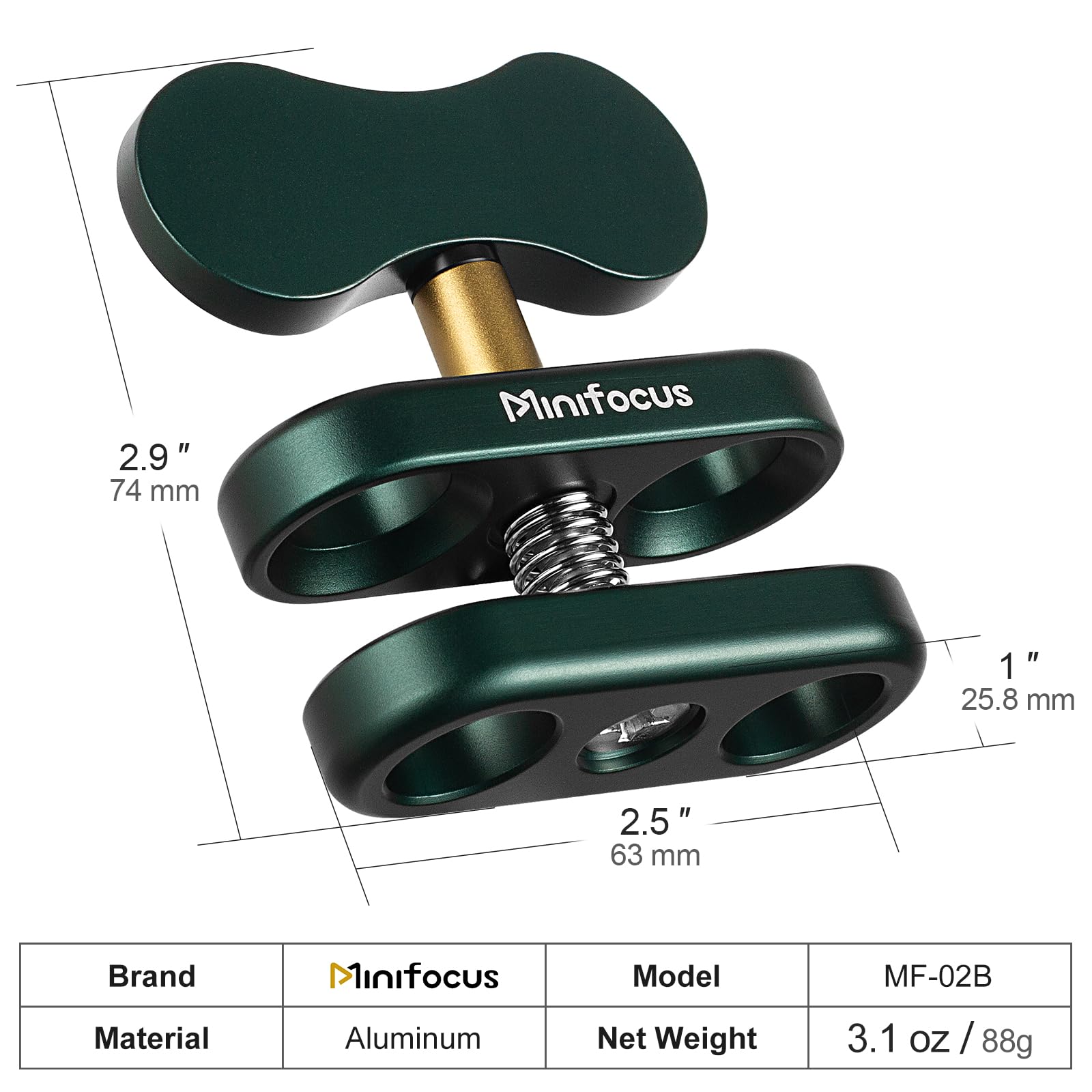 Minifocus Aluminum 1'' Ball Clamp Mount, Double Socket Arm, 360 Spring Clip Adapter Bracket Holder For Underwater Diving Photogr
