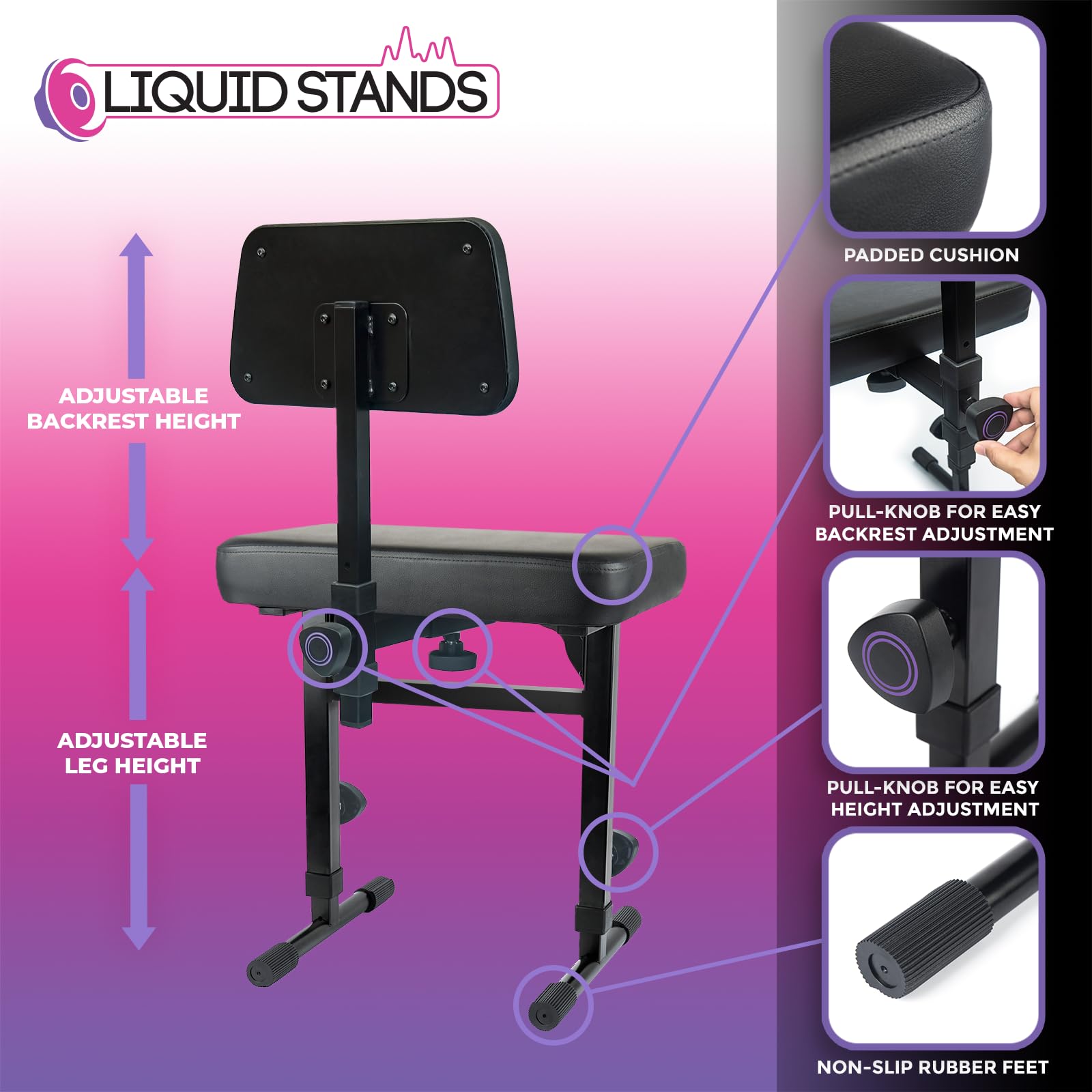 Liquid Stands Piano Bench Adjustable Stool   Music Keyboard Bench With Backrest Seat For Piano Keyboard Stand With Black Padded