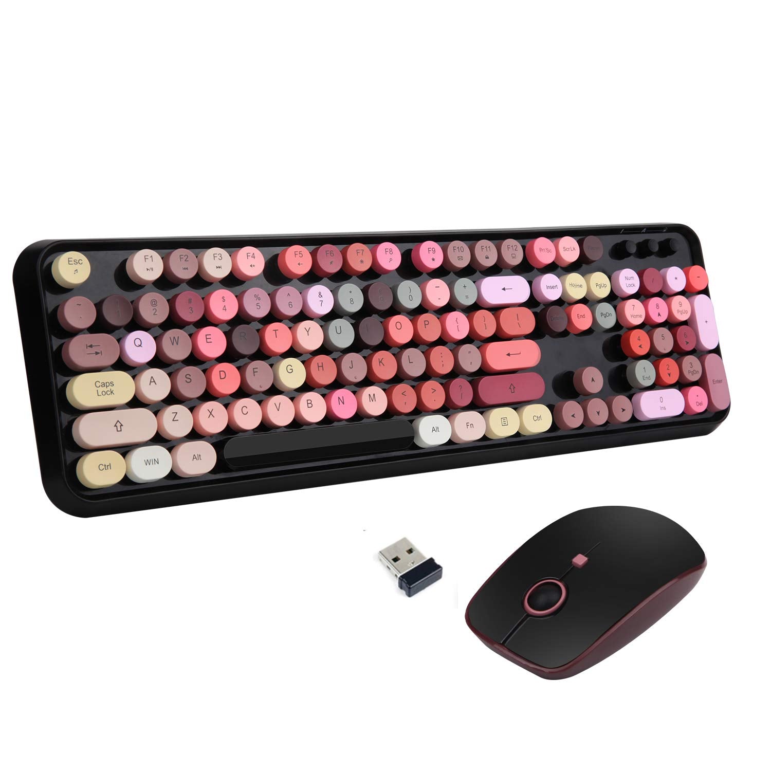 Letton Usb Retro Typewriter Keyboard, Wireless Full Size With 104 Colorful Round Key And Cute Mouse With 3 Dpi, 2.4Ghz For Offic