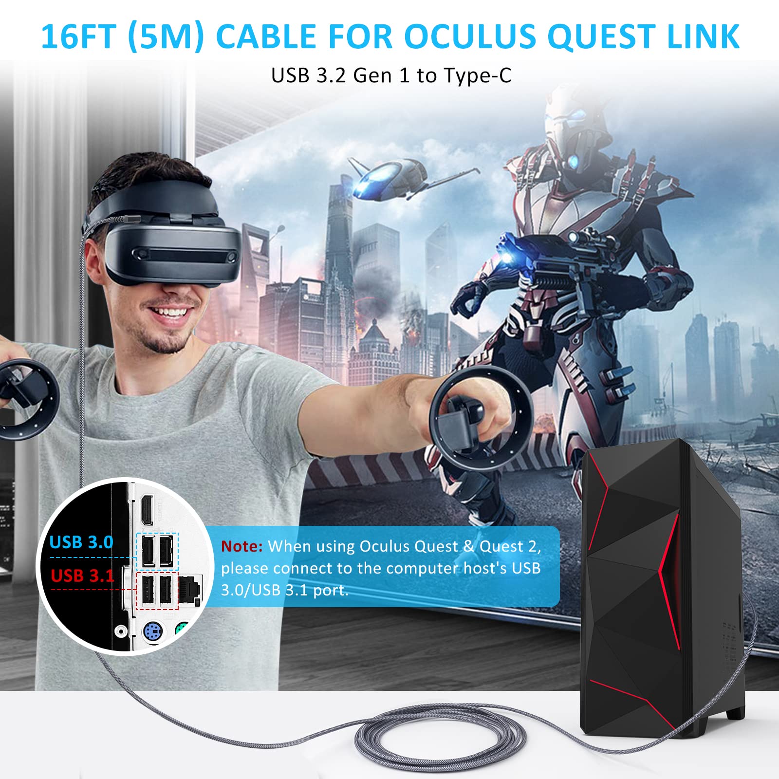 TOTU Oculus Quest 2 Link Cable - 16FT USB 3.2 Gen 1, High-Speed Data Transfer, Fast Charging, Grey, Model 1