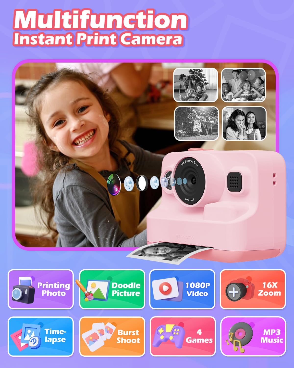 Anchioo Instant Print Camera For Kids, 2.4 Inch Screen Kids Camera For Girls With 3 Print Paper, Birthday Gift For Girls Boys Ag
