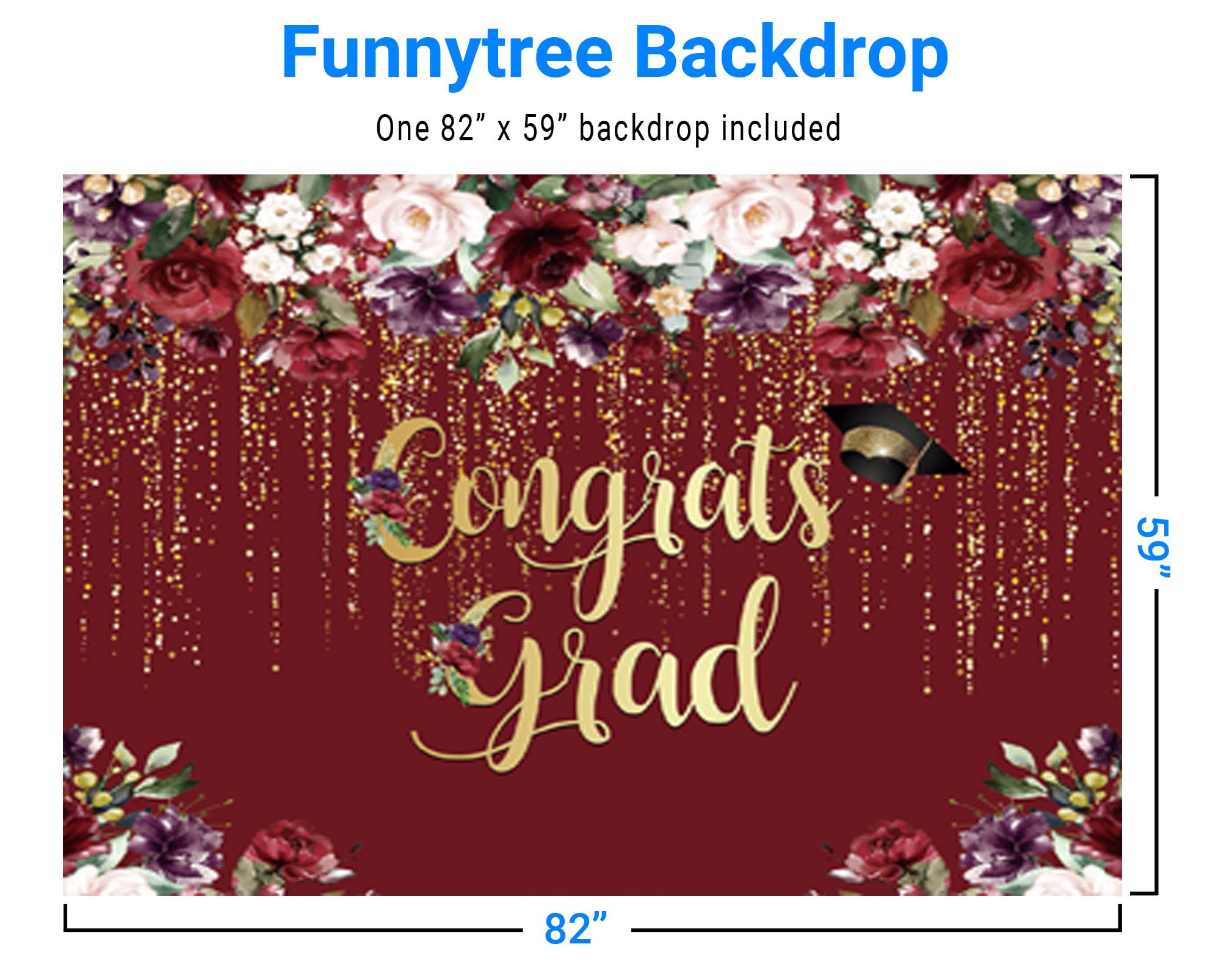Funnytree 82' X 59' Congrats Grad Party Backdrop Class Of 2024 Burgundy Red Flowers Golden Glitter Photography Graduation Background Women Lady Girl Congratulate Prom Decorations Banner Photo Booth