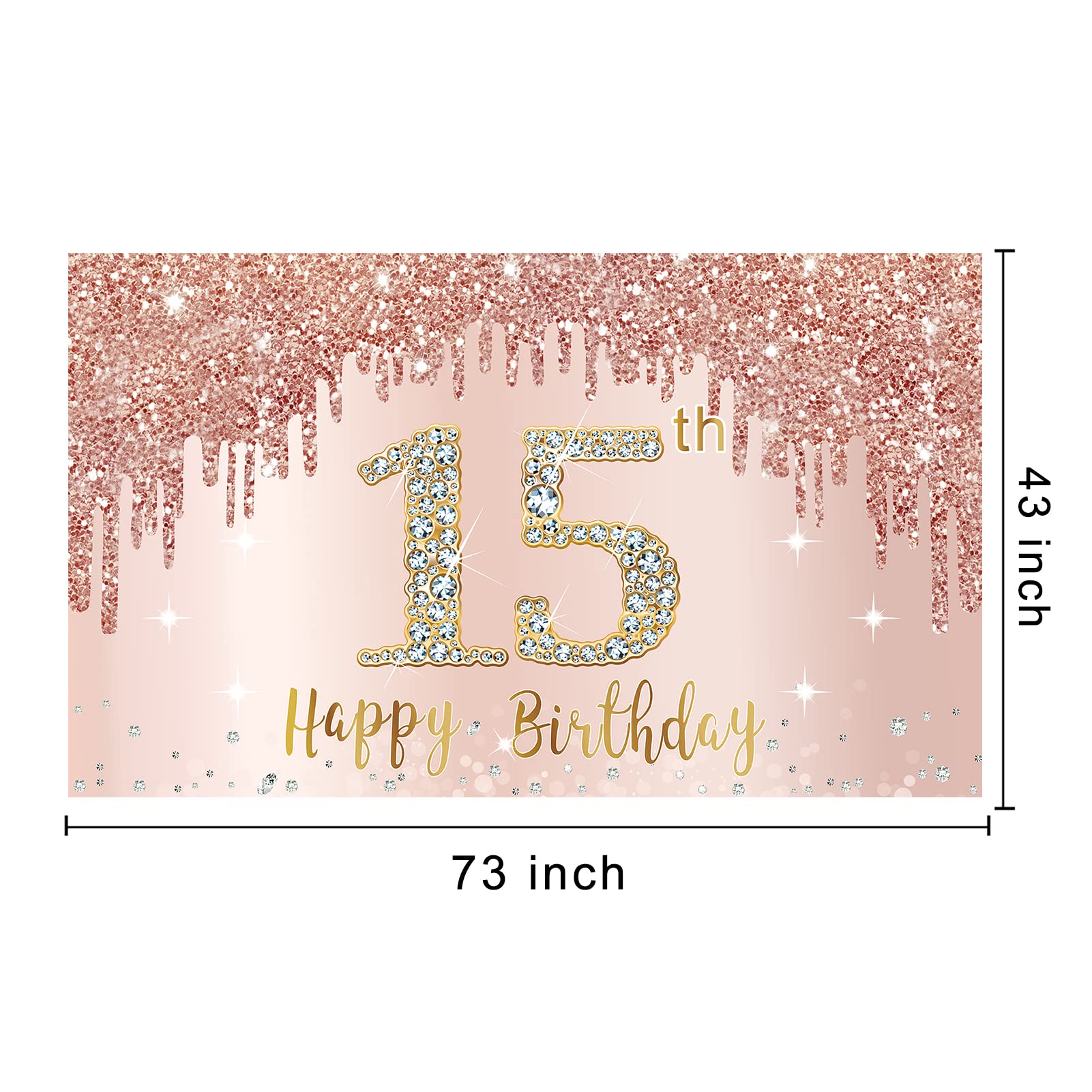Happy 15Th Birthday Banner Backdrop Decorations For Girls, Rose Gold 15 Birthday Party Sign Supplies, Pink 15 Year Old Birthday