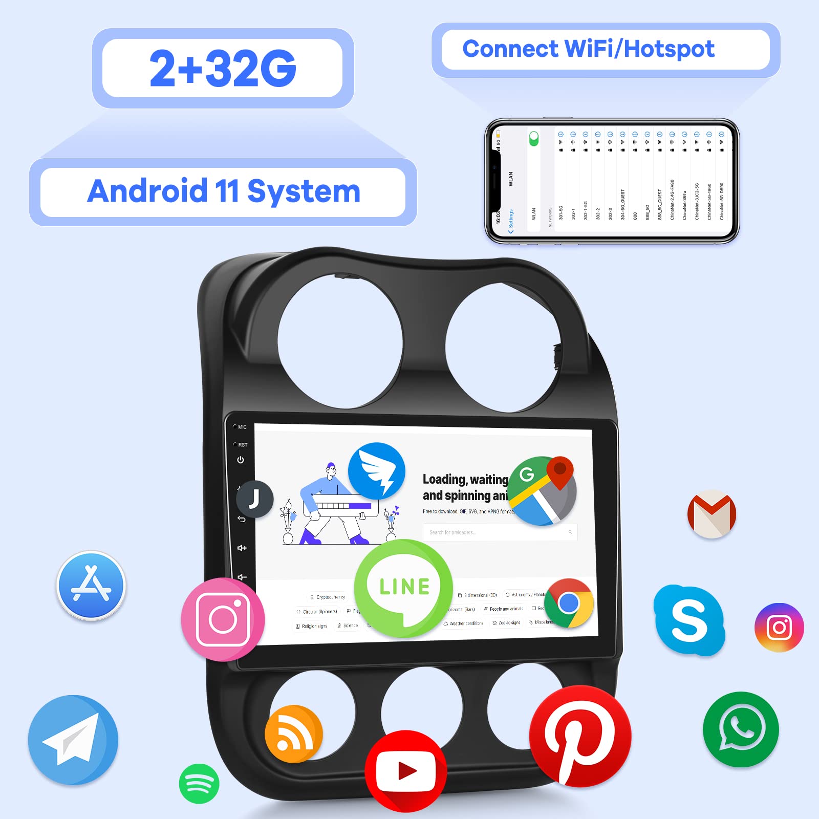 [2G+32G] Car Radio For Jeep Compass Patriot 2010 2016, 10.1 Inch Android 11 Touch Screen Stereo, Carplay/Android Auto/Mirror Lin