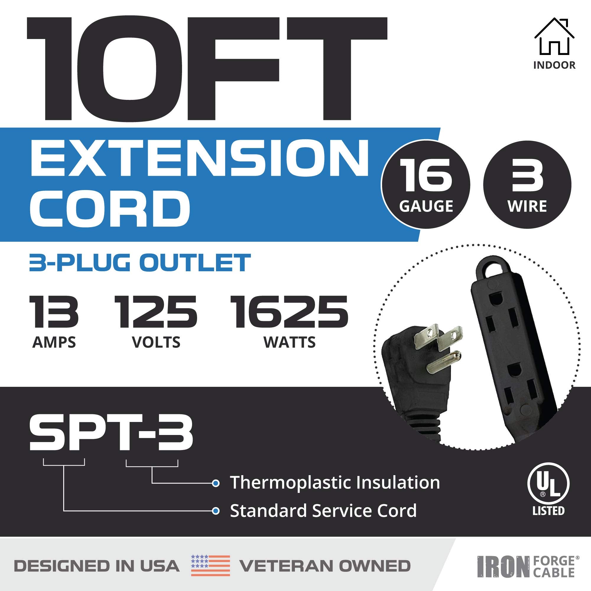 Iron Forge Cable 10 Ft Flat Plug Black Extension Cord With 3 Outlets, 16/3 Flat Cable 3 Prong Indoor Extension Cord With Multipl