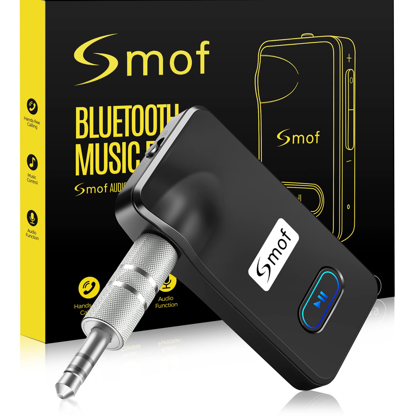 Smof Aux Bluetooth Receiver For Car, Portable 3.5Mm Aux Bluetooth 5.0 Car Adapter, 12 Hour Battery Life, Handsfree Calls, Dual Device Connection, For Car Stereo/Home Stereo/Wired Headphones/Speaker