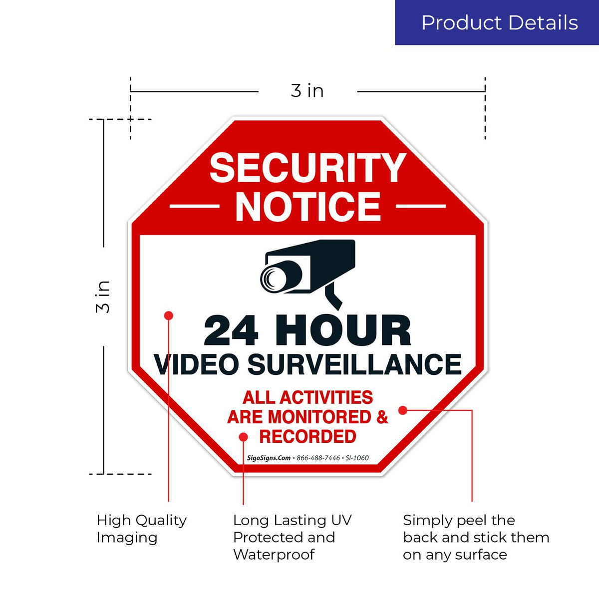 Video Surveillance Sticker, (9 Pack) 3X3 Inches, 4 Mil Vinyl Decal Sti ...