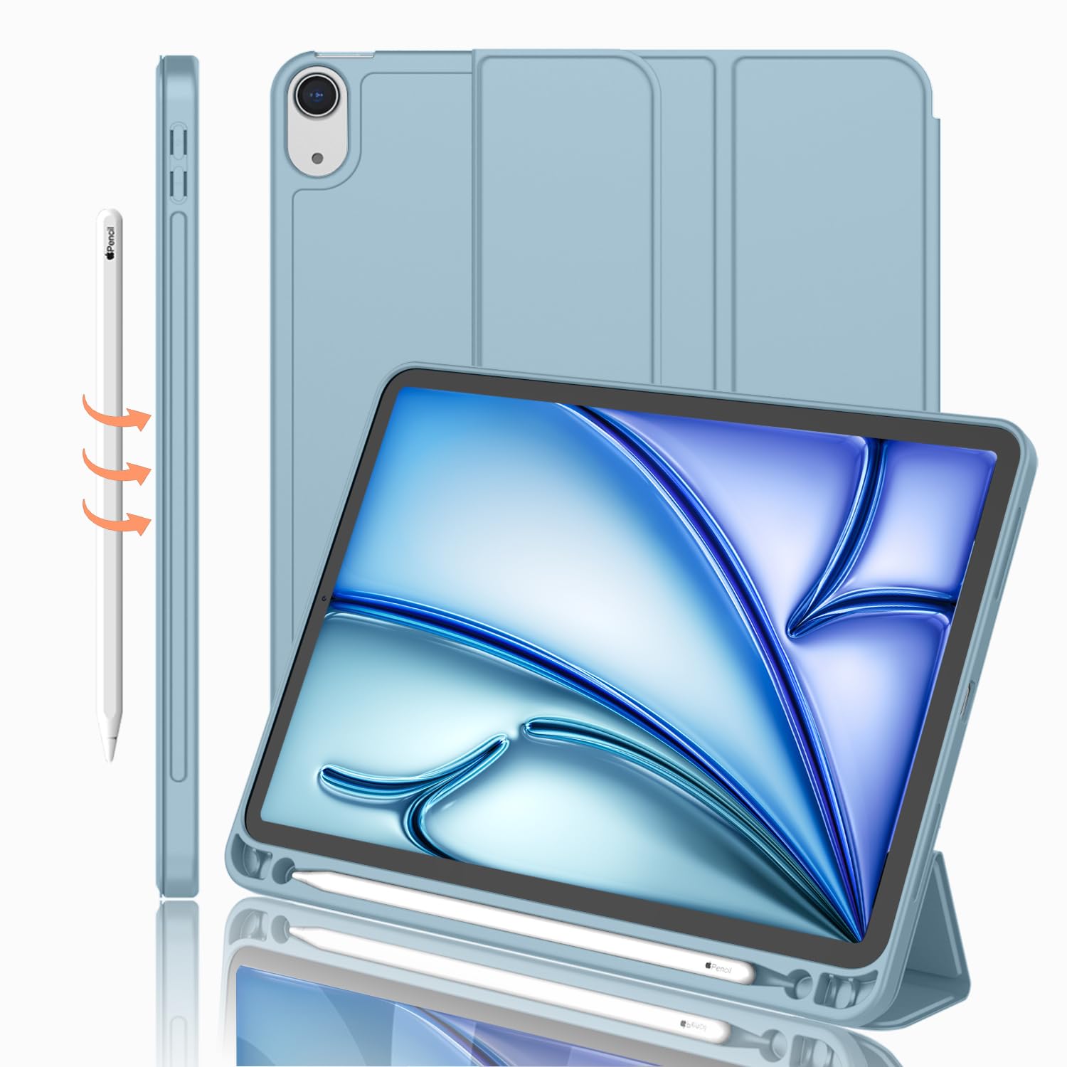 Imieet Ipad Air 11 Inch Case M3(2025) / M2 (2024), Ipad Air 5Th/4Th Generation Case 2022/2020 10.9 Inch With Pencil Holder,Trifold Stand Smart Case With Soft Tpu Back(Light Blue)