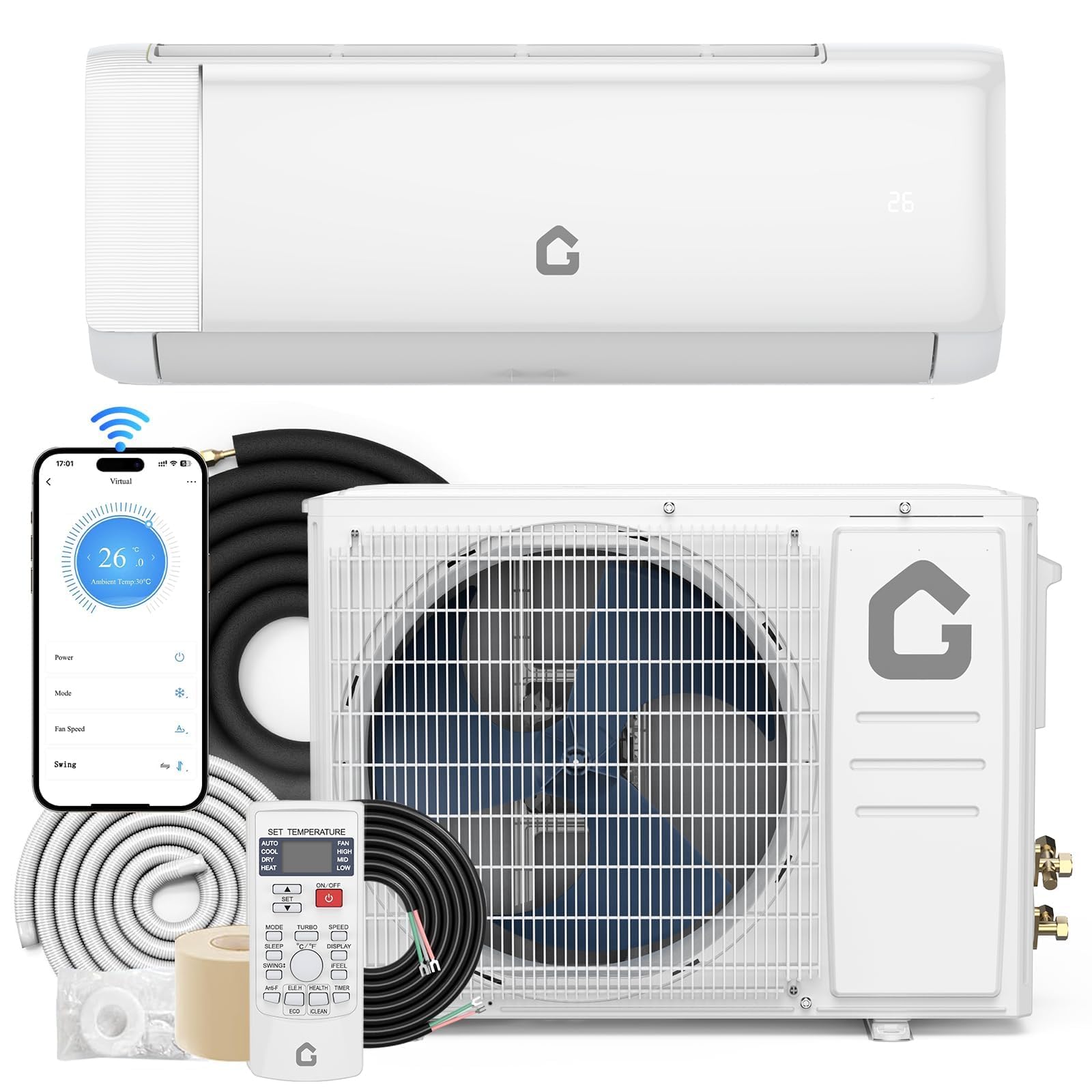 Smart Mini Split AC, 9000 BTU, 18.5 SEER2, WiFi, Alexa & Enabled, Inverter Ductless Air Conditioner with Heating, 5-in-1 Climate