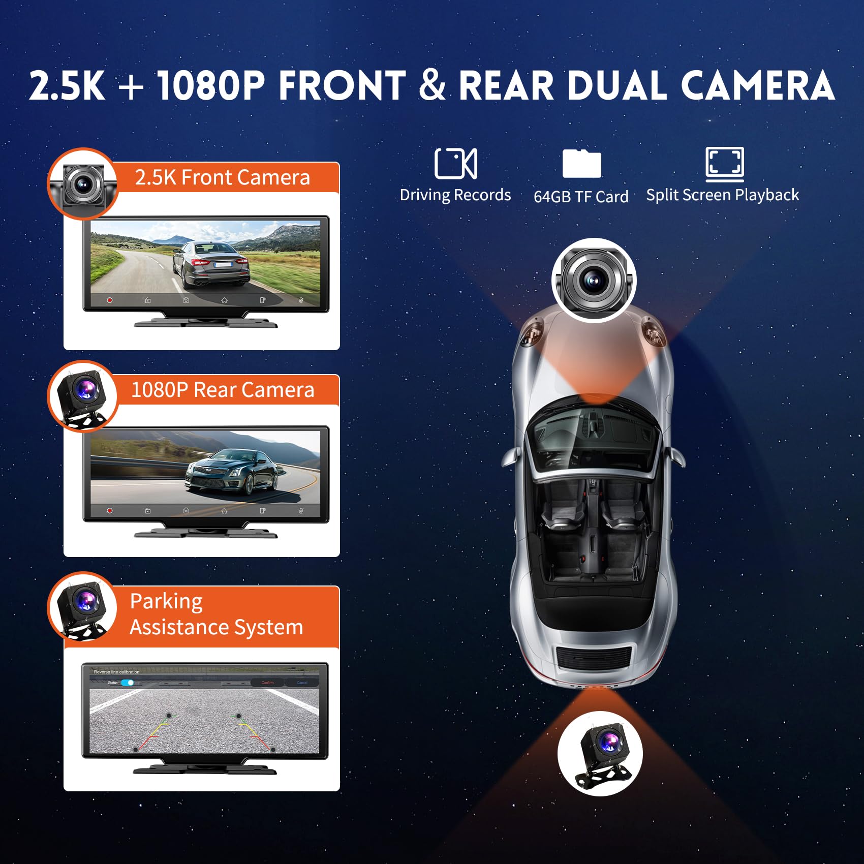 10.26'' Hd Wireless Android & Carplay Screen For Car, Portable Touchscreen Car Stereo With 4K Dash Cam, 1080P Backup Camera, Blu