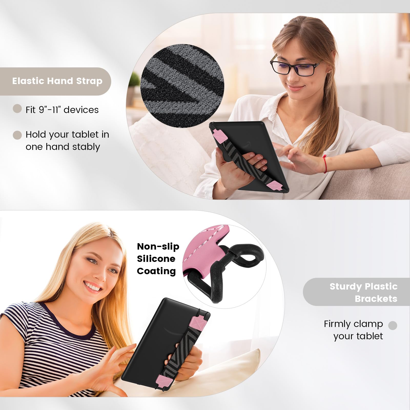 MoKo Security Hand Strap for 9 11 Inch Tablet, iPad/iPad Pro/iPad Air/Kindle Fire HD/Samsung, High Elasticity Versatile Hand Strap Lightweight Finger Grip Holder, Pink