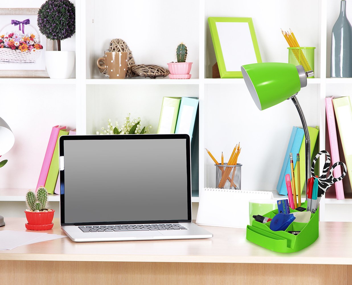 Limelights Ld1057 Grn Gooseneck Organizer Desk Lamp With Ipad Tablet Stand Book Holder And Charging Outlet, Green