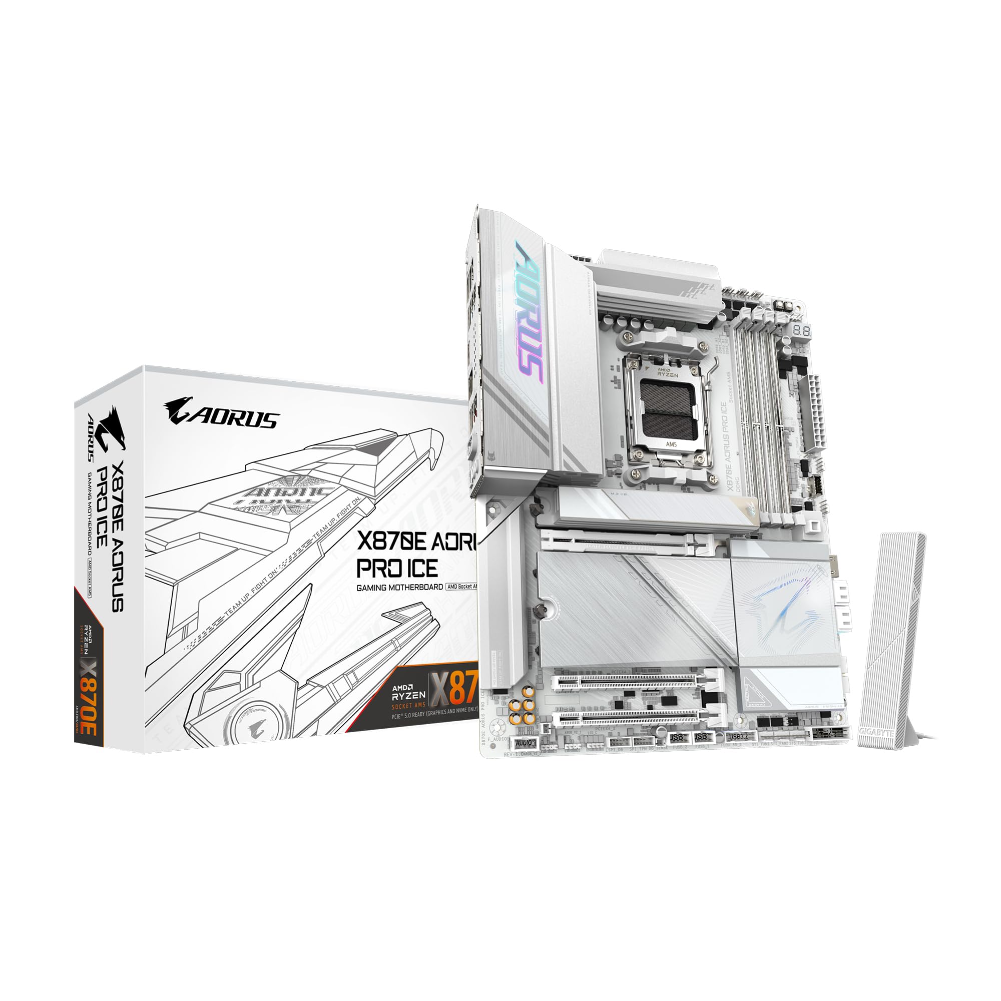 Gigabyte X870E Aorus Pro Ice Amd Am5 Lga 1718 Motherboard, Atx, Ddr5, 4X M.2, Pcie 5.0, Usb4, Wifi7, 2.5Gbe Lan, Ez Latch, 5 Yea