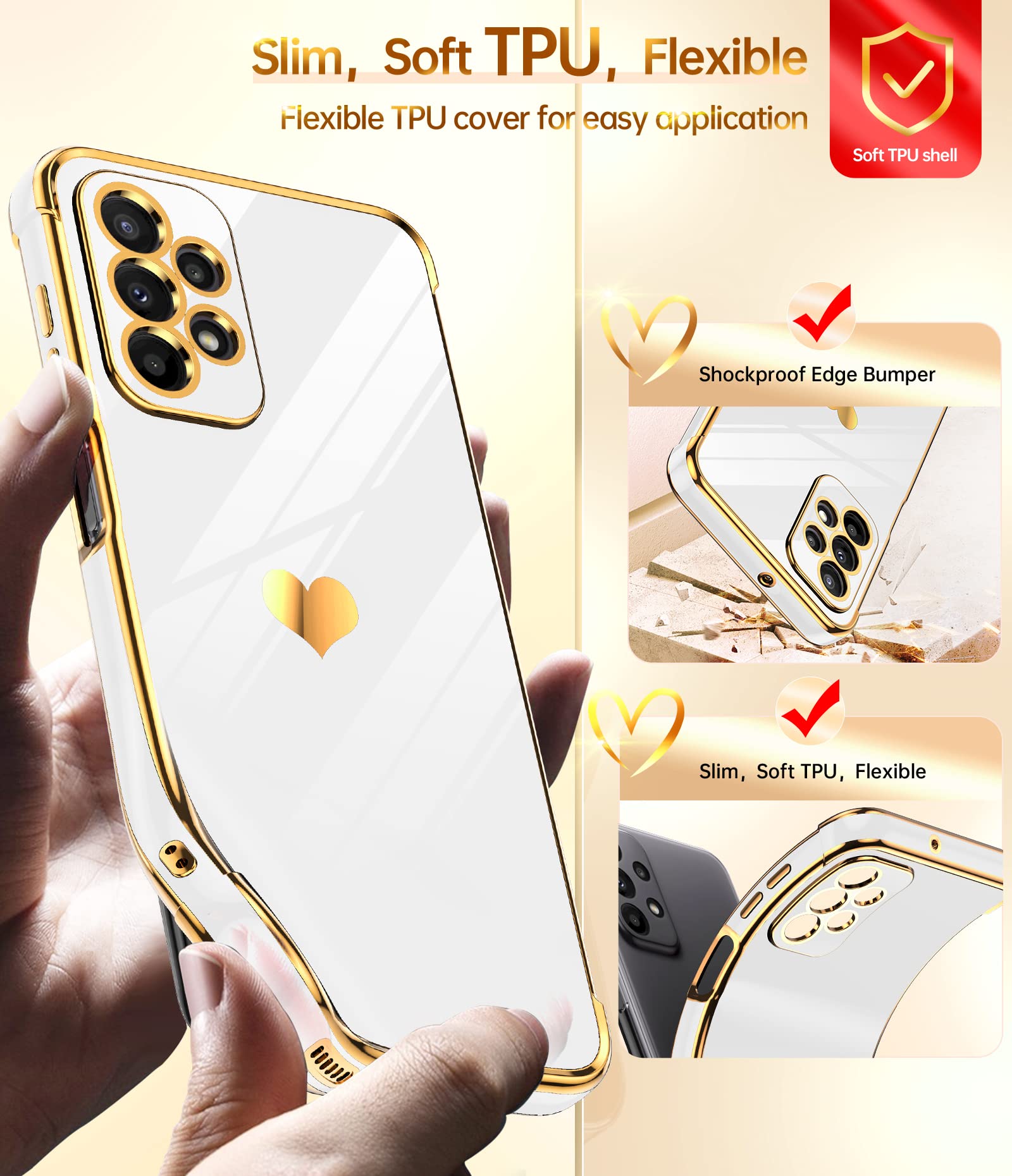 LeYi Samsung Galaxy A23 5G Case with Screen Protector Full Camera Protection Love Heart Plating White TPU