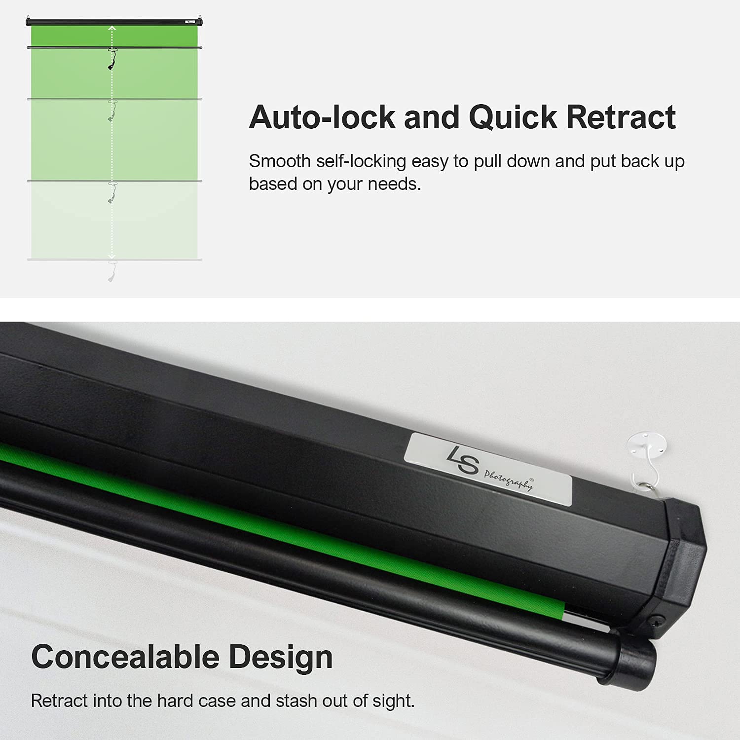 Julius Studio (Pull Down Style) 5.1 X 6.2 Ft. / 62 X 74 In. Green Screen, Retractable Background, Ceiling & Wall Mount, Roll Up