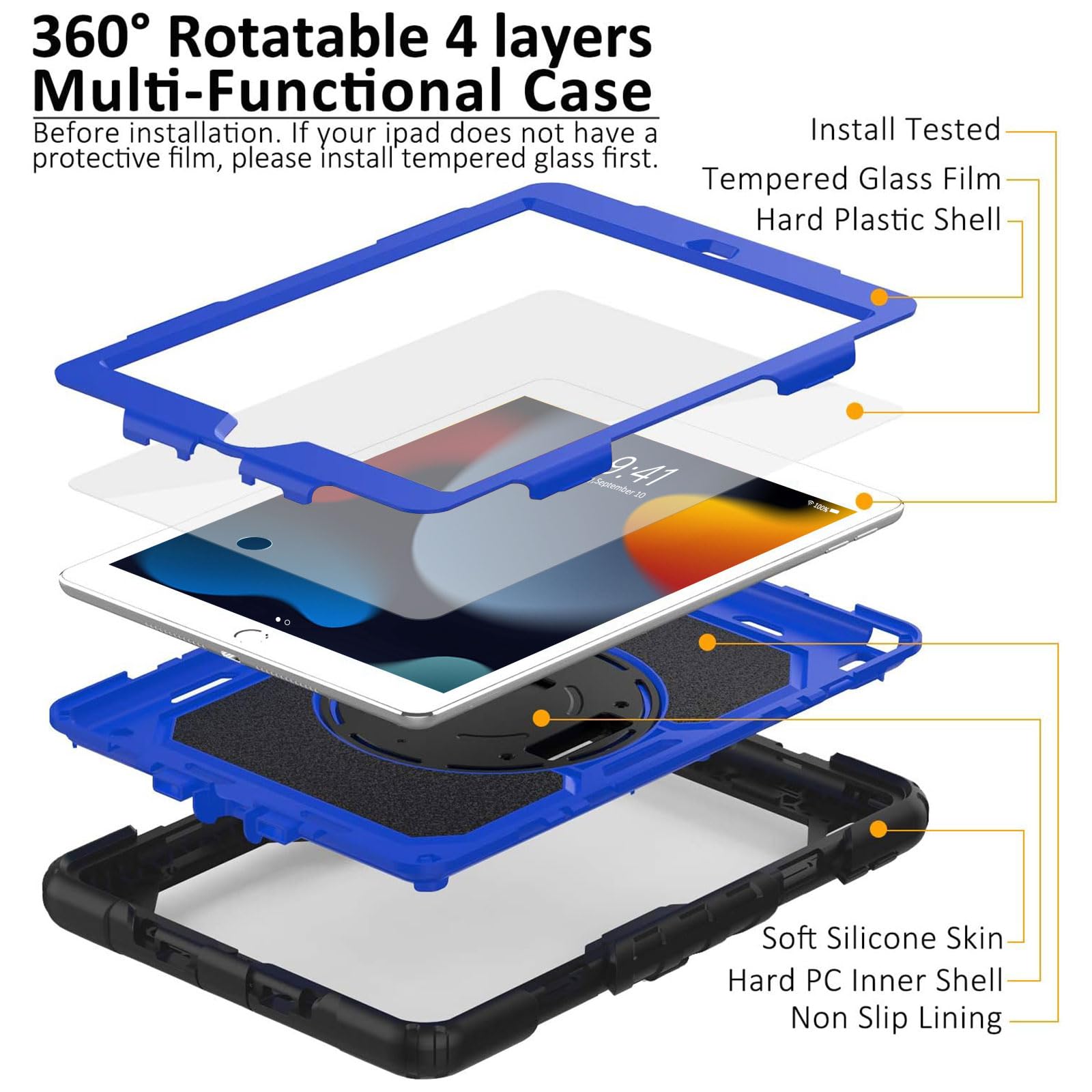 Ipad 9Th/8Th/7Th Generation Case, Ipad 10.2 Case 2021/2020/2019, [Rotatable Hand Strap/Kickstand] Ambison Full Body Protective Case With Tempered Glass Screen Protector, Pencil Holder (Blue & Black)