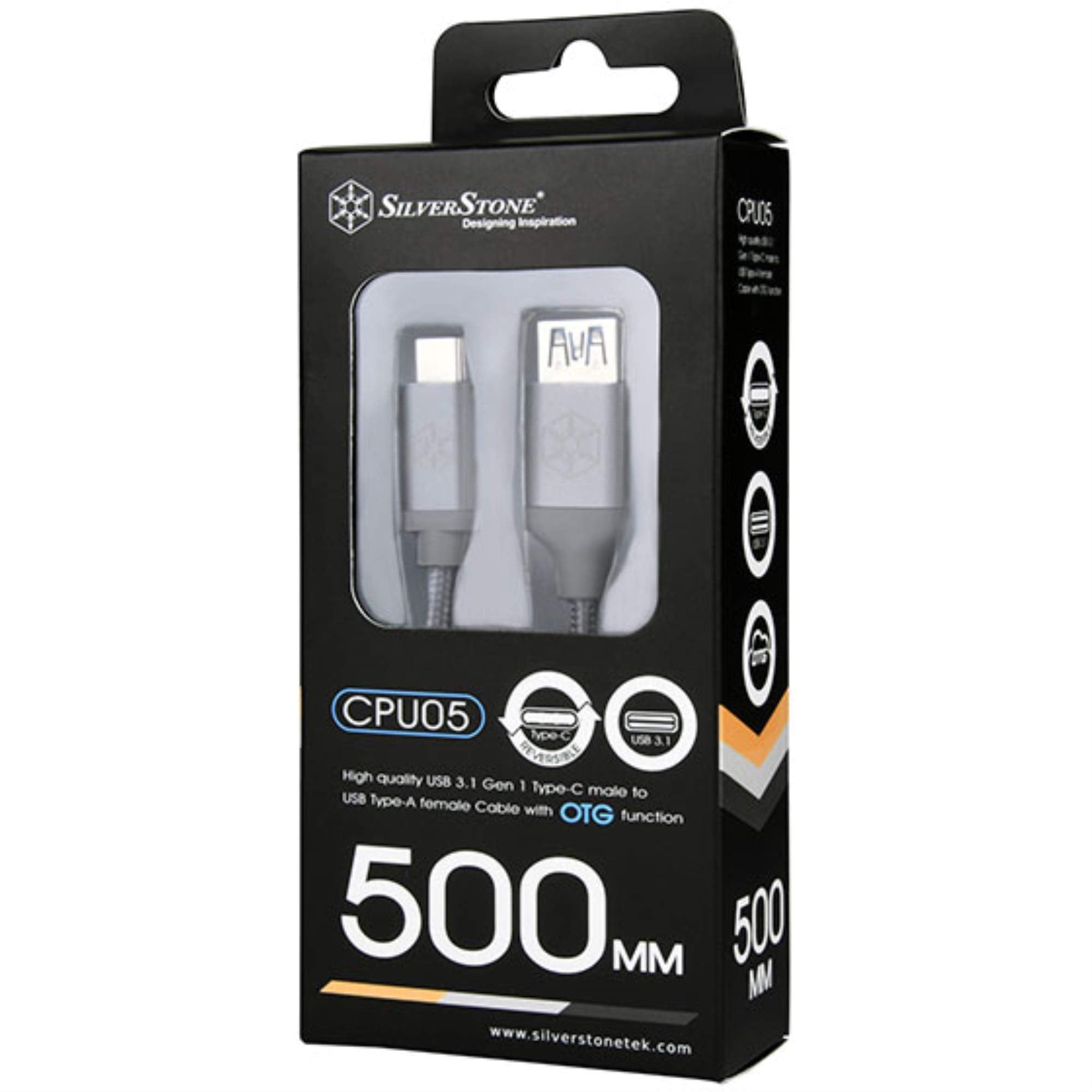 SilverStone Technologies CPU05C-500 0.5 m Reversible USB-C to USB Type-A Female Cable  Charcoal