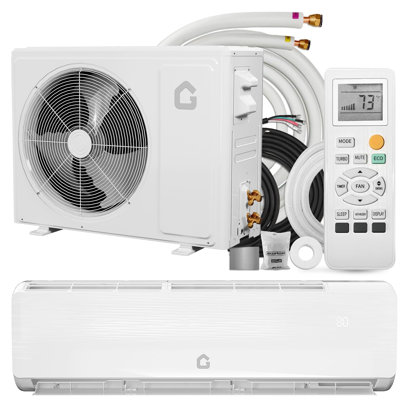 GarveeHome 18000 BTU Mini Split Air Conditioner Heat Pump System, 19 SEER2 6-in-1 Inverter Mini Split AC/Heating System, Ductles