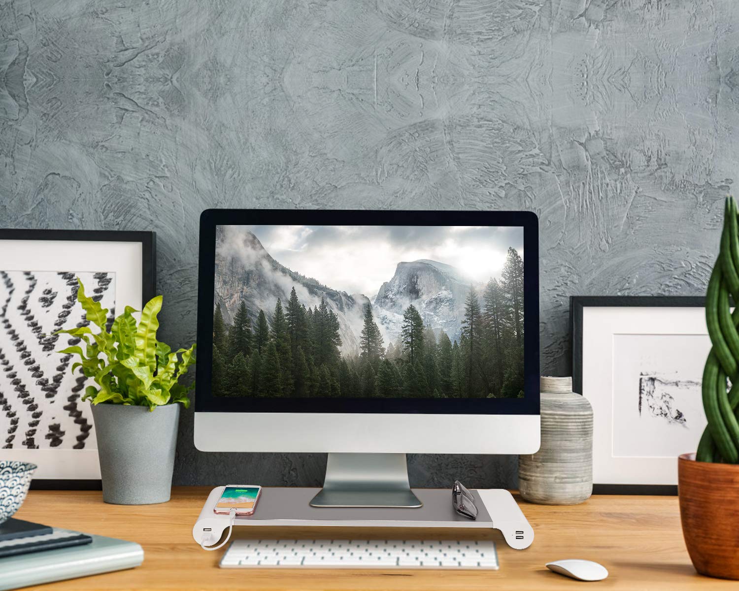 Pg Desktop Monitor Stand With 4 Usb Charging Ports   Convenient Keyboard Organiser And Monitor Raising Stand For Laptops, Tvs, Printers, Fax Machines And Computers   Convenient Desktop Organiser