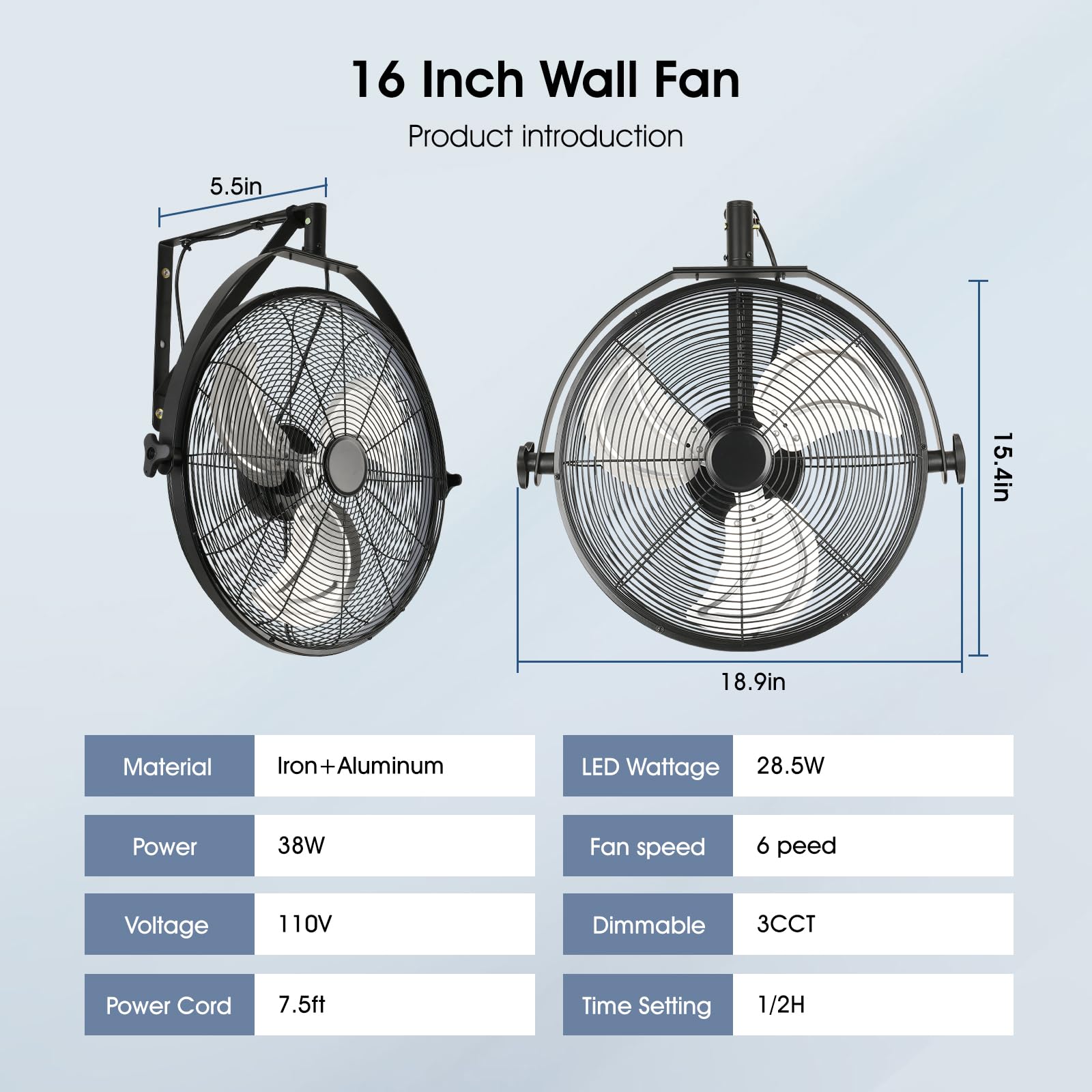 Ahawill 16 Inch Wall Mount Fan With Lights And Remote,6-Speed Gazebo Ceiling Fan Adjustable Tilt Dimmable Wall Fan,High Velocity