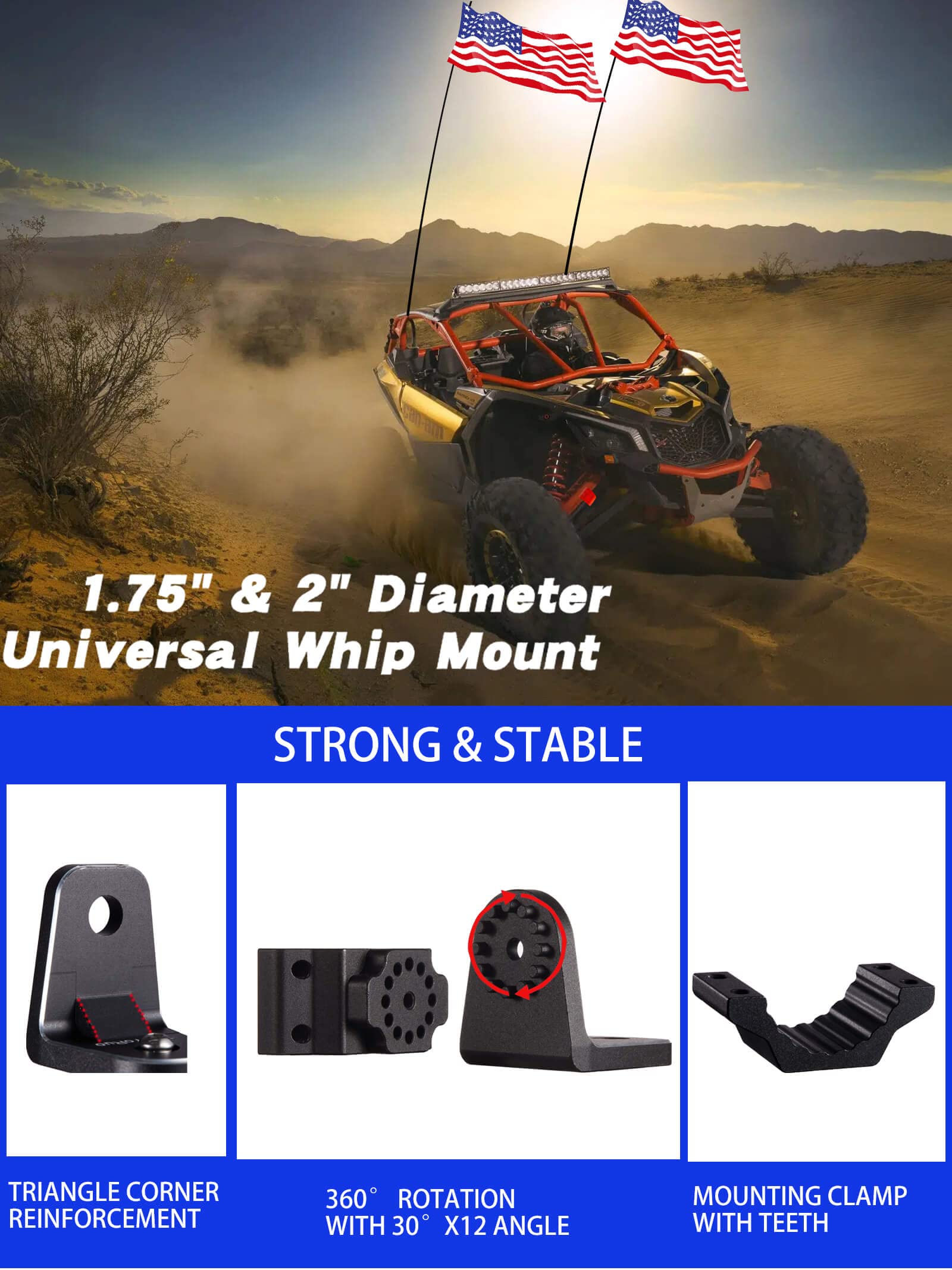 Zidiyoruo Utv Whip Light Mount - Easy To Install On 1.75 To 2 Roll Bar, Aluminum Alloy Mounting Bracket, 360 Adjustable Design F