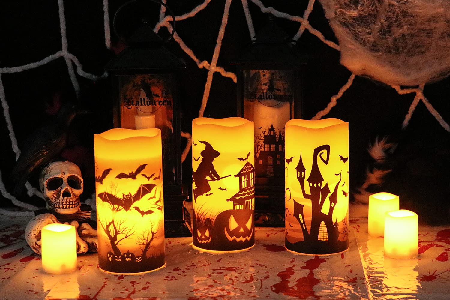 Dromance Flameless Candles Battery Operated With 6 Hour Timer, Halloween Decals Real Wax Led Flickering Pillar Candles Set Of 3