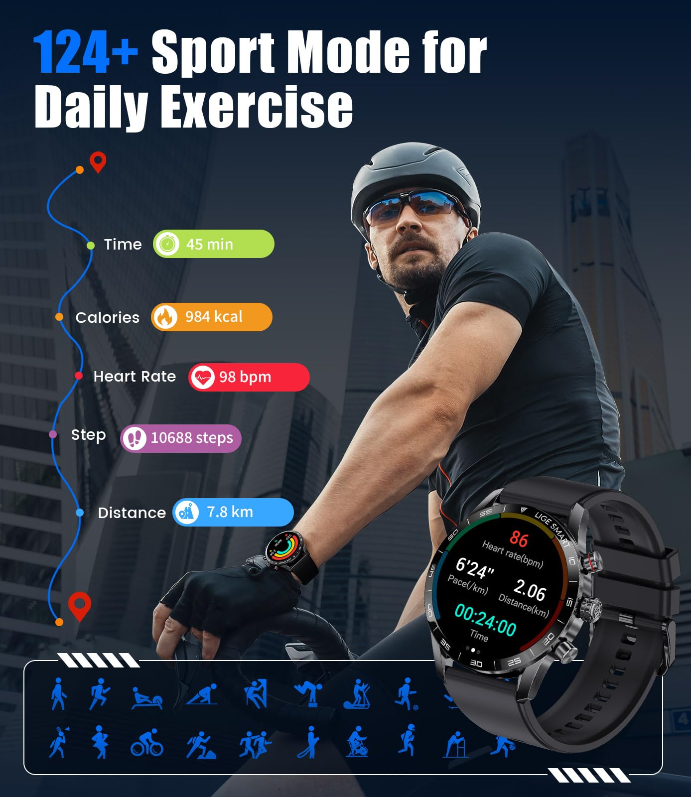 Lige Smart Watches For Men,1.43 Amoled Display With Bluetooth Calls/Message Push, 100+ Sport Modes Blood Pressure/Heart Rate Tra